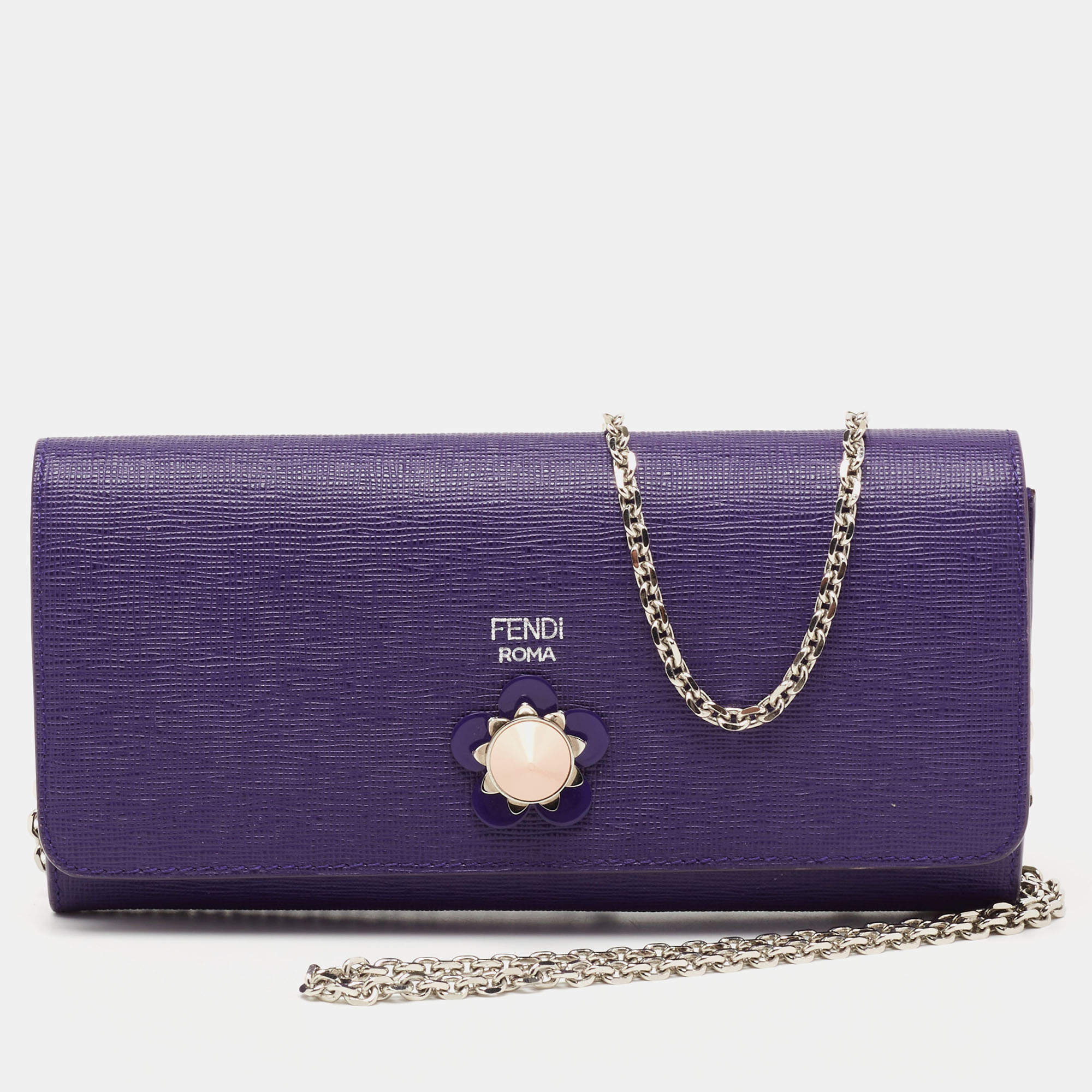 Pre Owned Fendi Purple Leather Flap Wallet On Chain