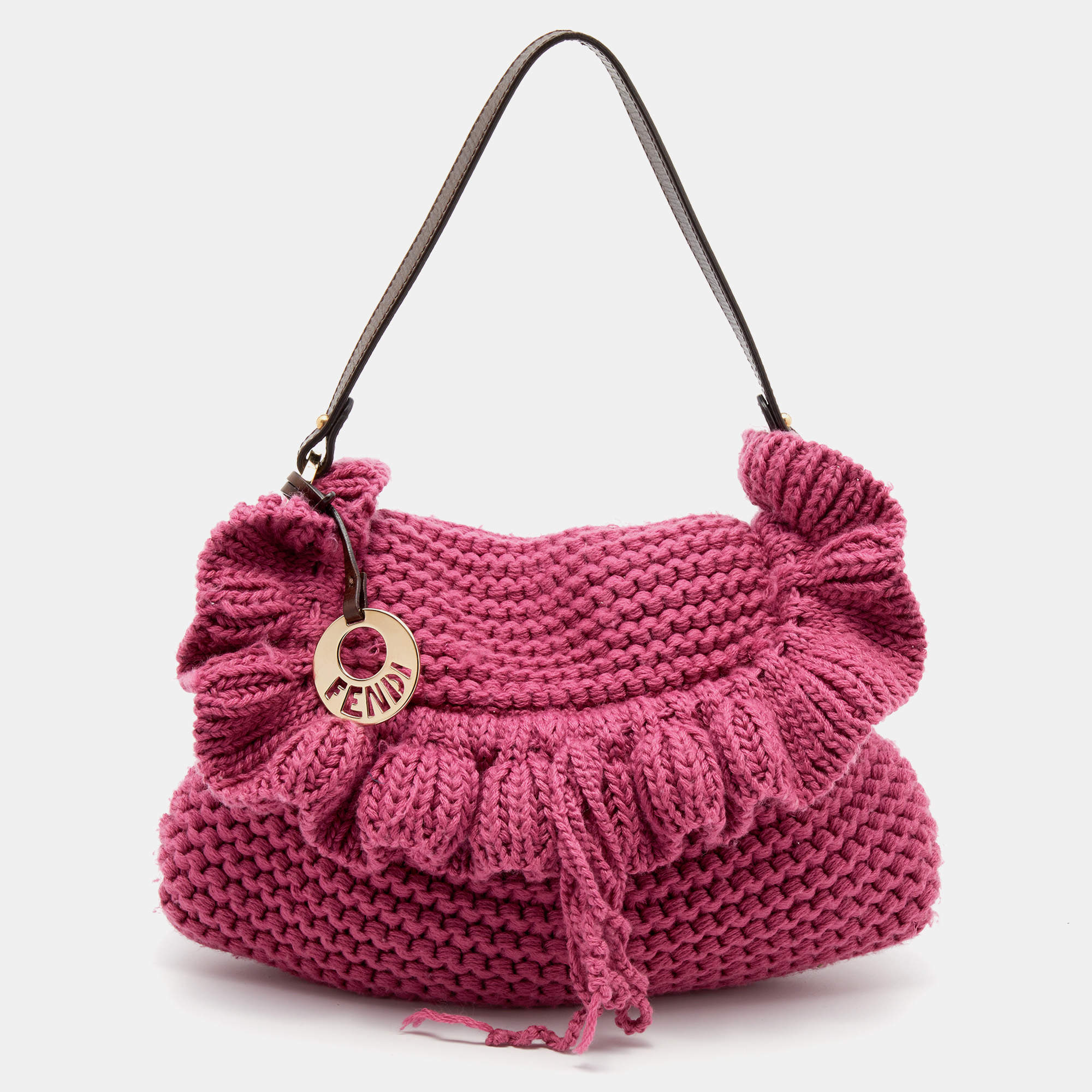 Pre Owned Fendi Pink Knit Chef Flap Bag