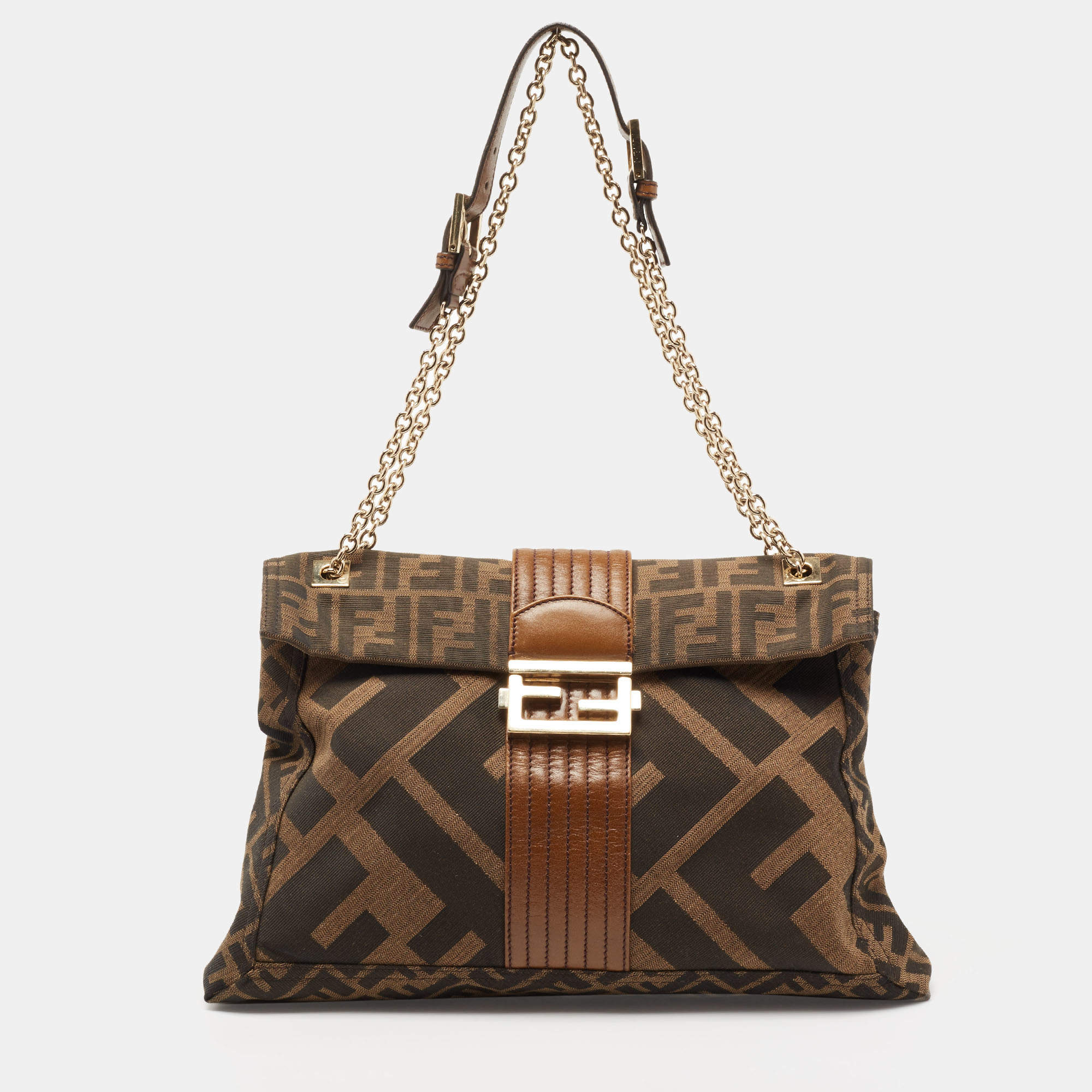 Fendi Tobacco Zucca Canvas and Leather Maxi Baguette Flap Shoulder Bag