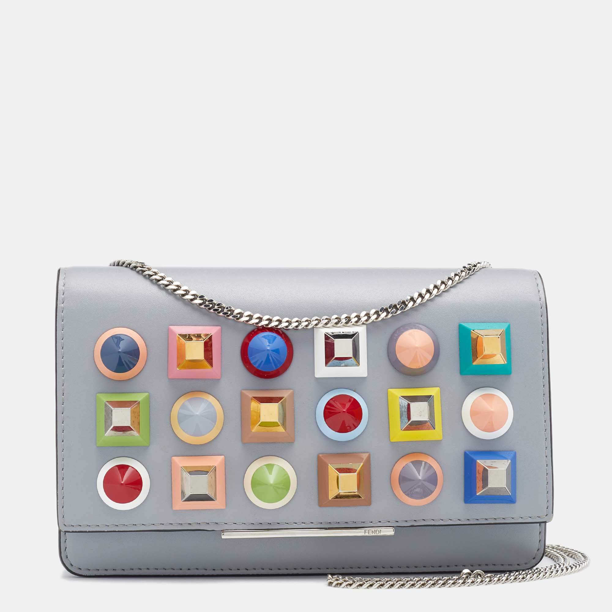 مملوكة مسبقًا Fendi Grey Leather Studded Flap Wallet On Chain