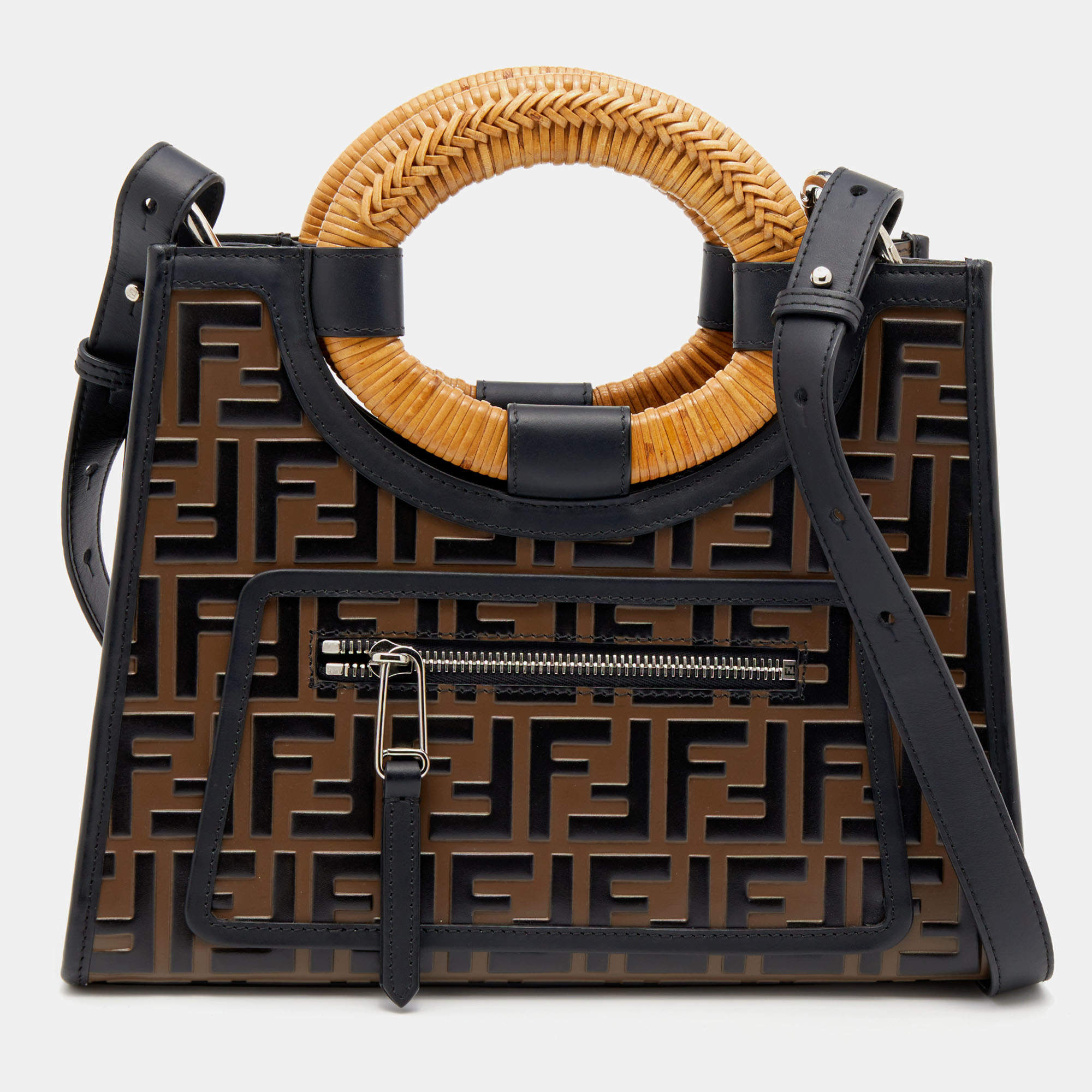 Pre Owned Fendi Tobacco FF Zucca Embossed Leather Small Runaway Tote