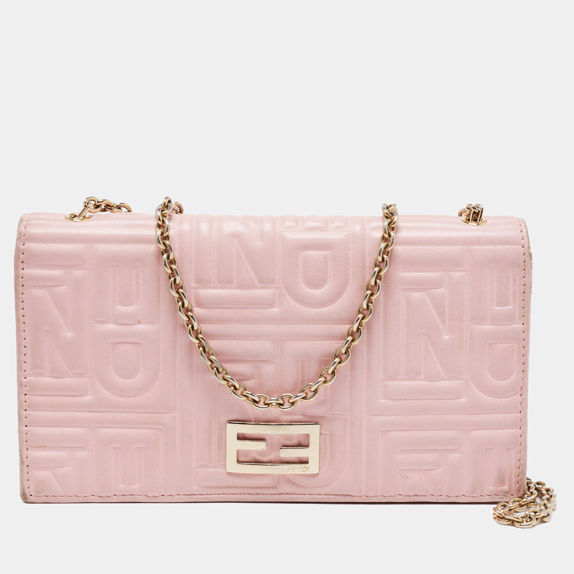 Pre Owned Fendi Pink Embossed Leather Chain Clutch 