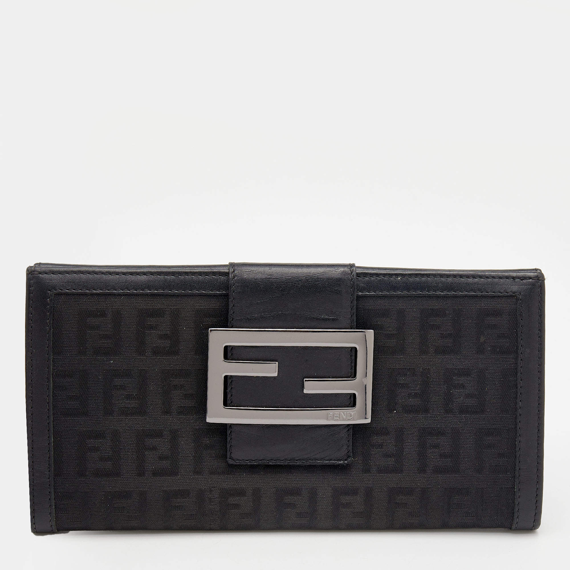 Pre Owned Fendi Black Zucchino Canvas and Leather Continental Wallet