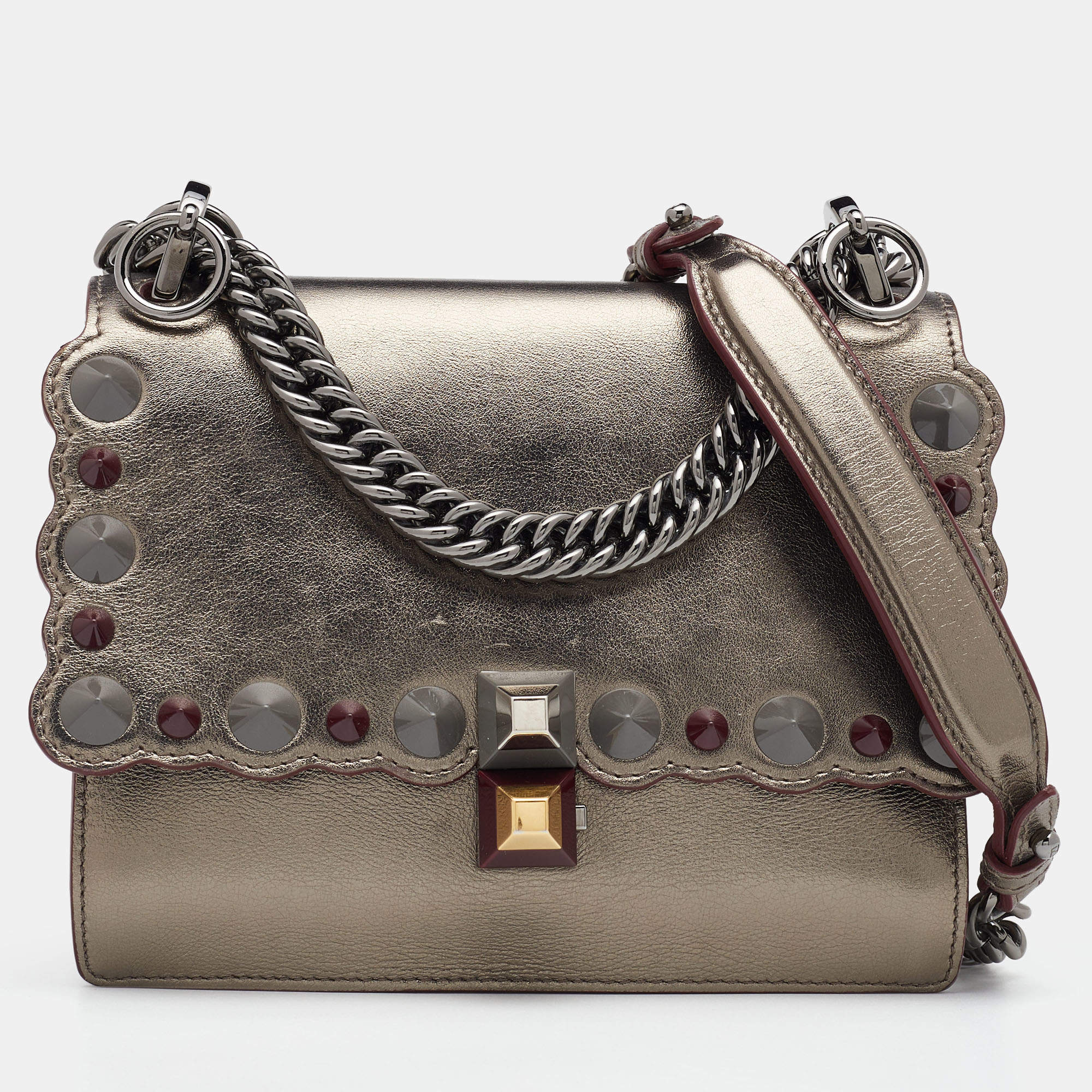 Pre Owned Fendi Metallic Leather Studded Mini Kan I Chain Shoulder Bag