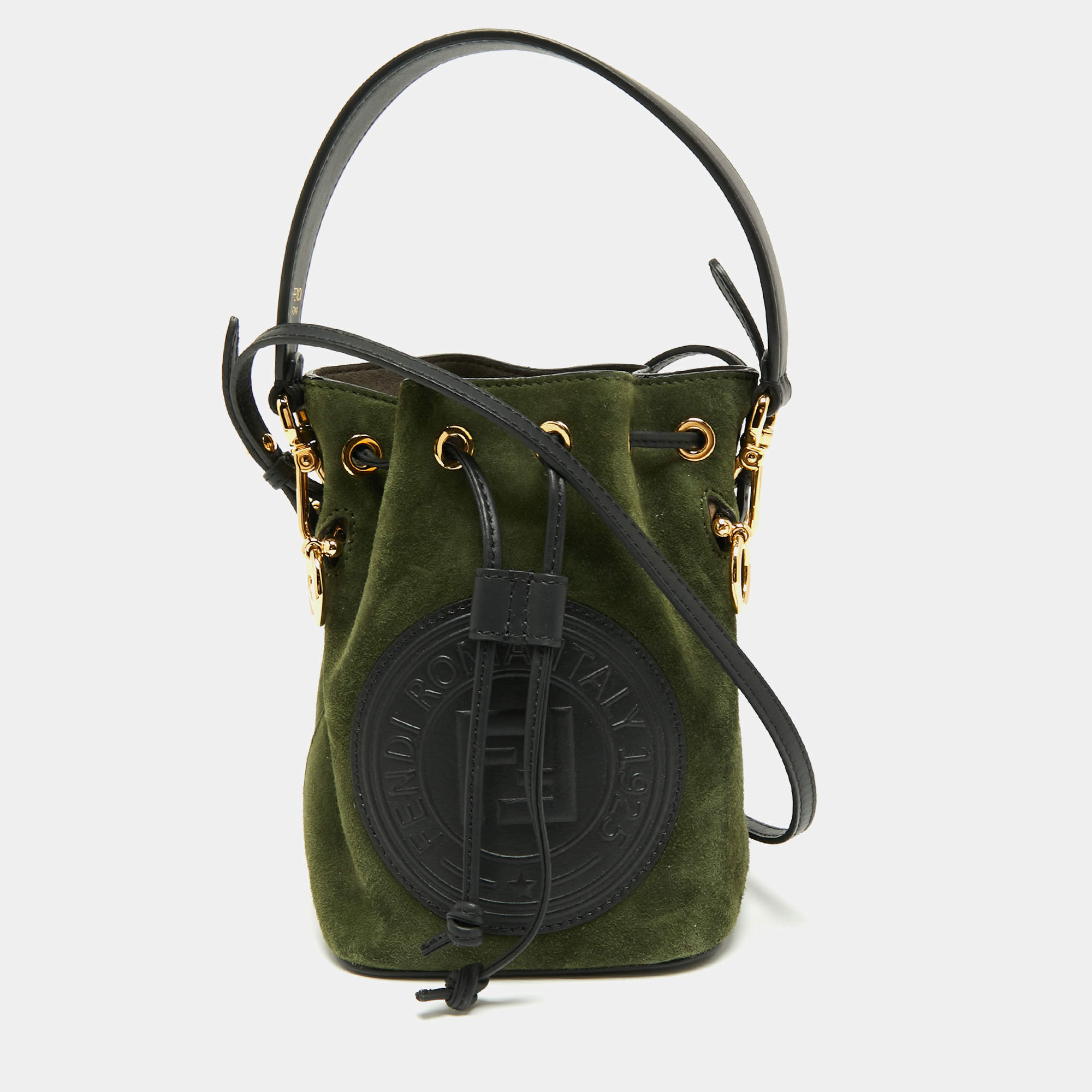 Pre Owned Fendi Green/Black Leather and Suede Mini Mon Tresor Drawstring Bucket Bag