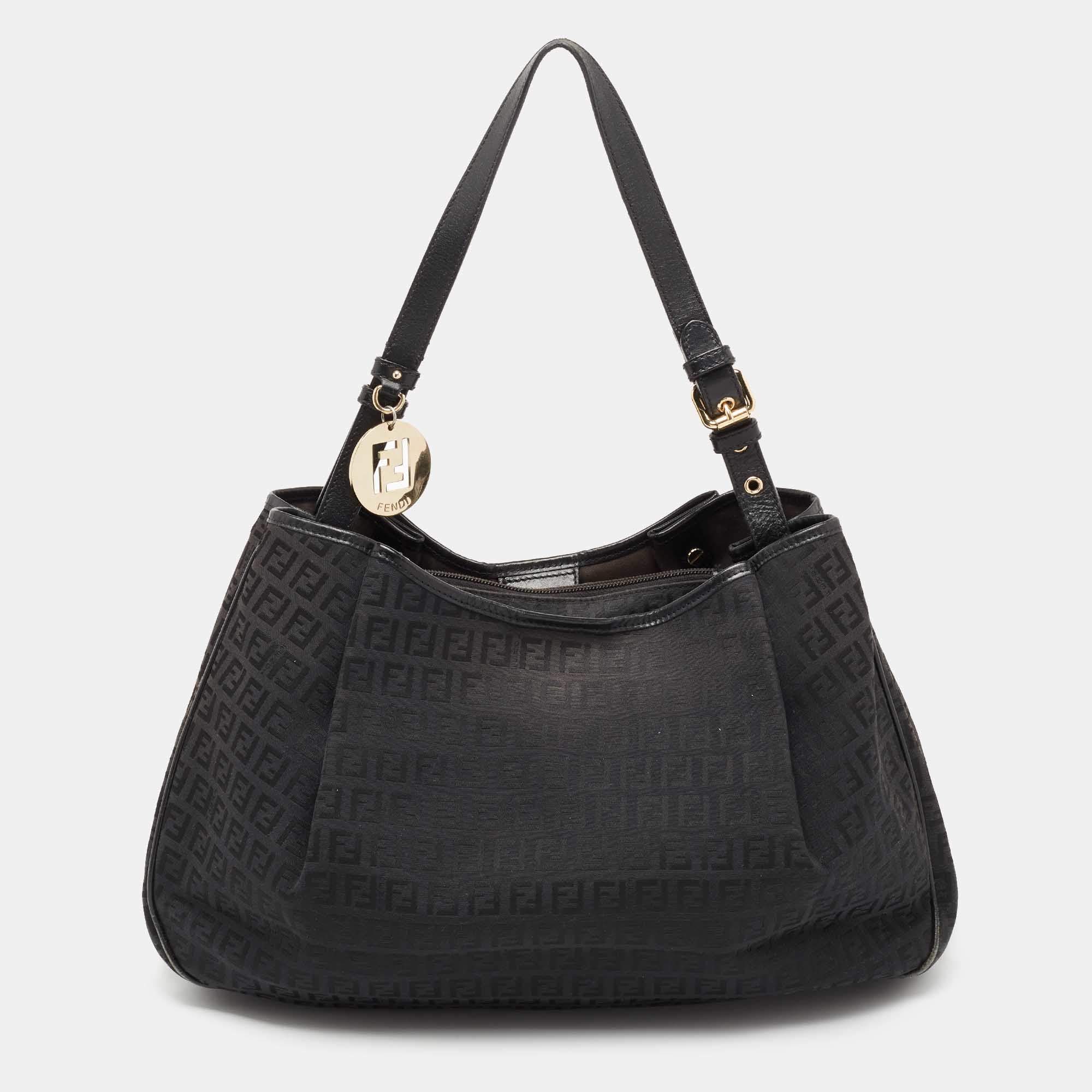 Pre Owned Fendi Black Zucchino Canvas and Leather Charm Shoulder Bag