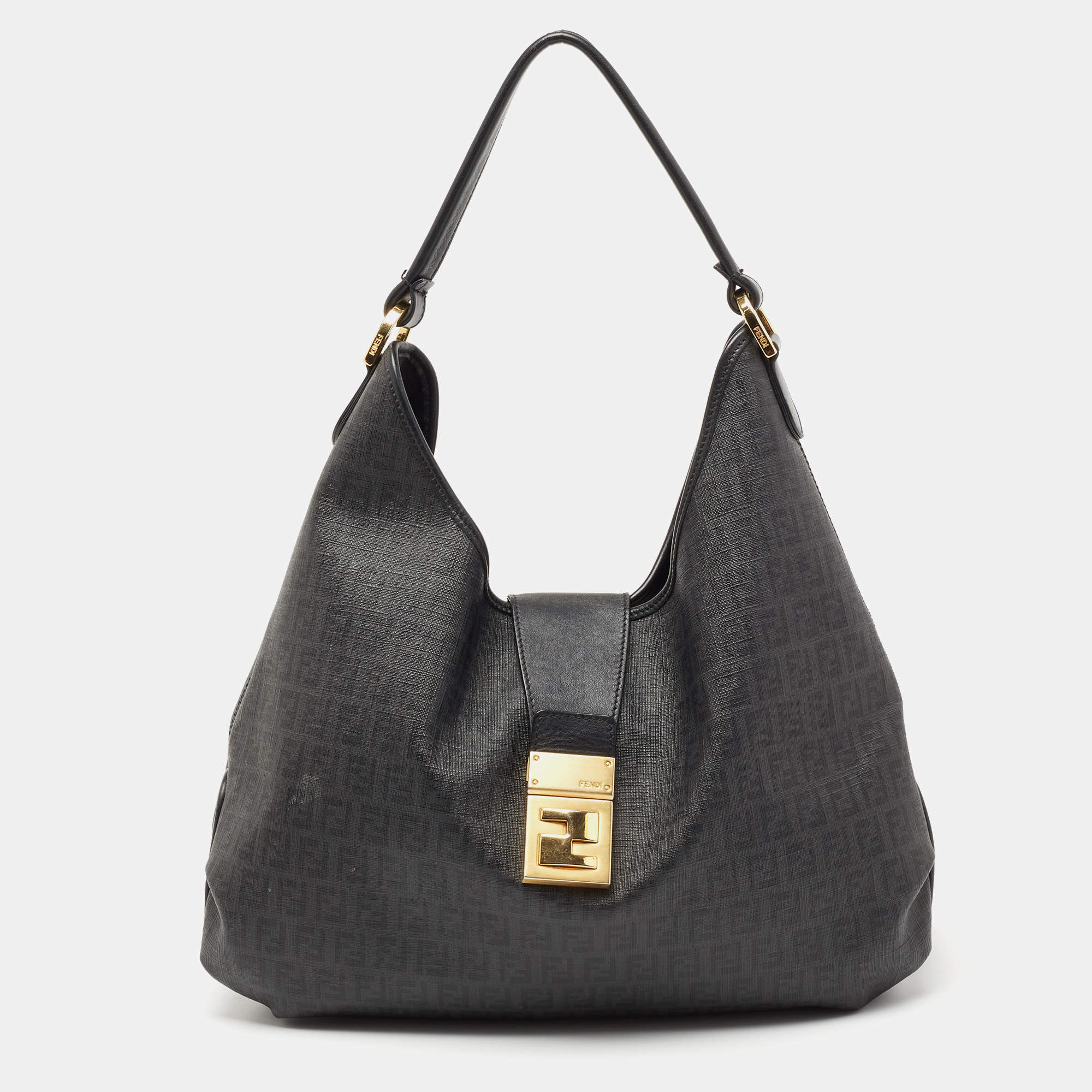 Pre Owned Fendi Black Zucchino Coated Canvas and Leather Hobo