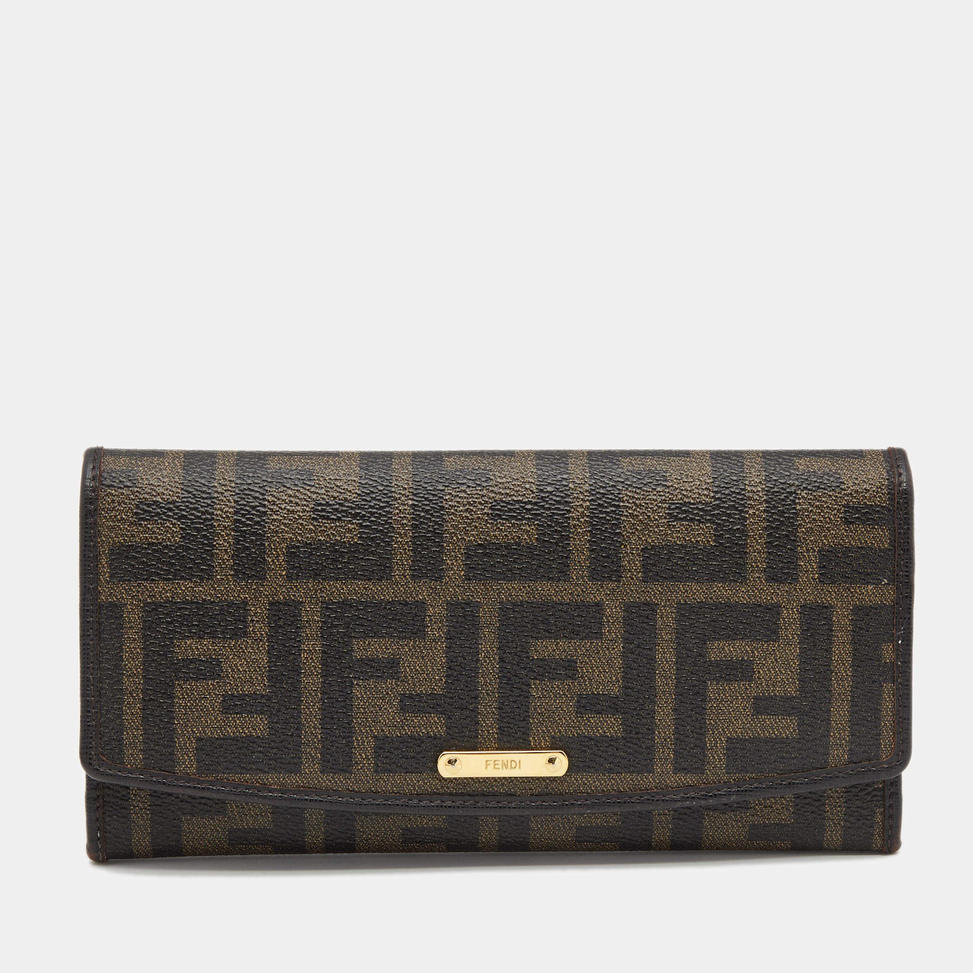 مملوكة مسبقًا Fendi Tobacco Zucca Coated Canvas and Leather Flap Continental Wallet