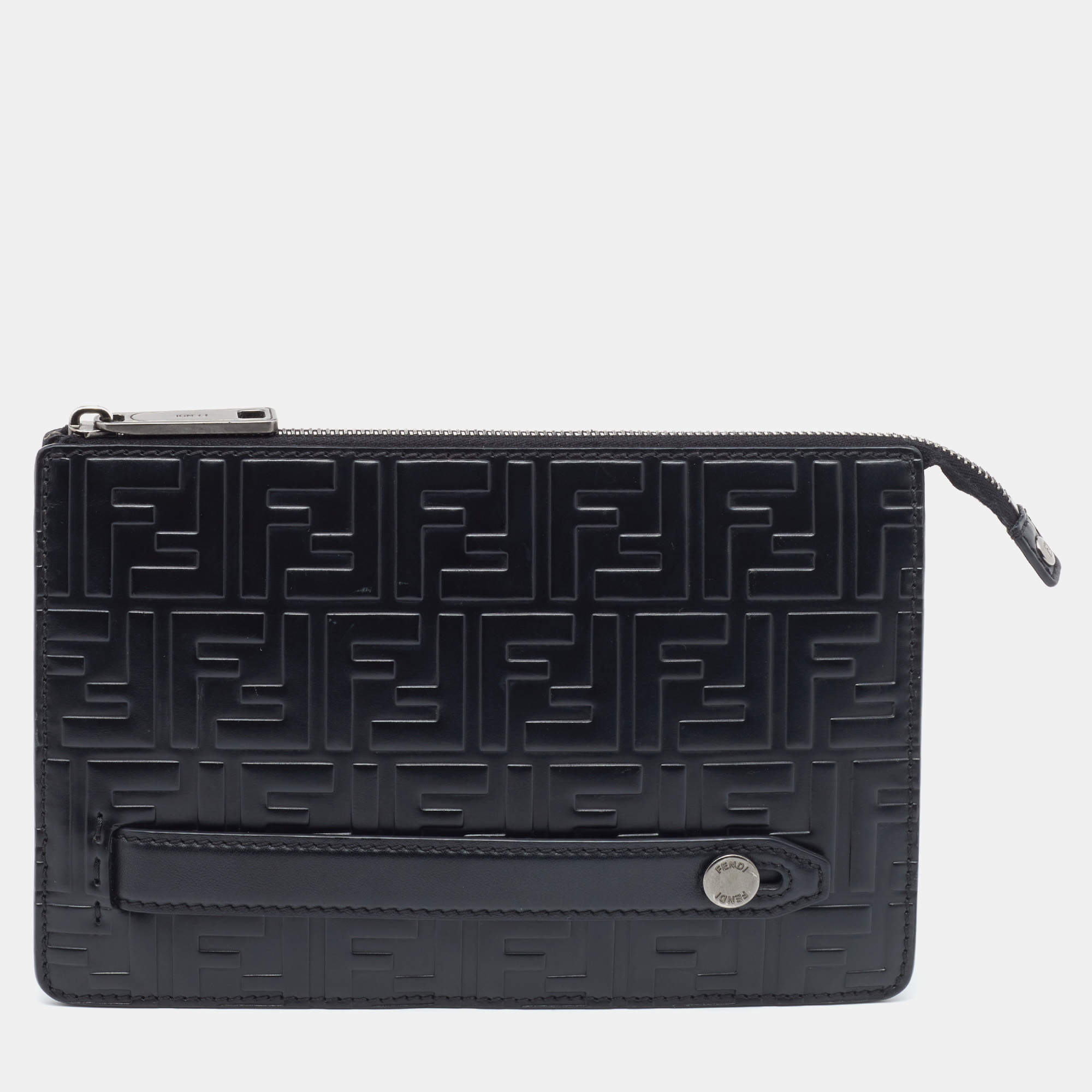Pre Owned Fendi Black Zucca Embossed Leather Flat Pouch