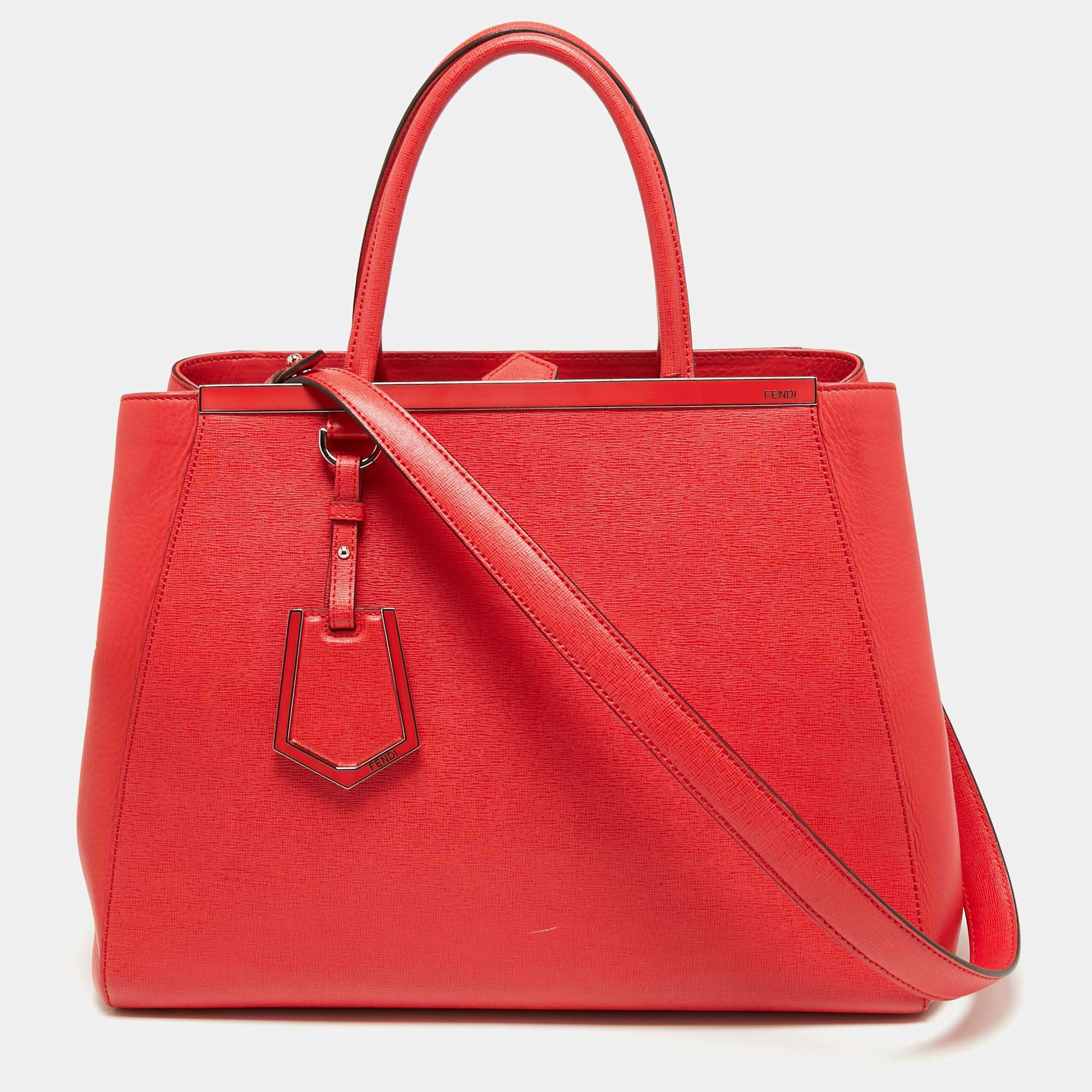 Pre Owned Fendi Coral Red Leather Medium 2Jours Tote