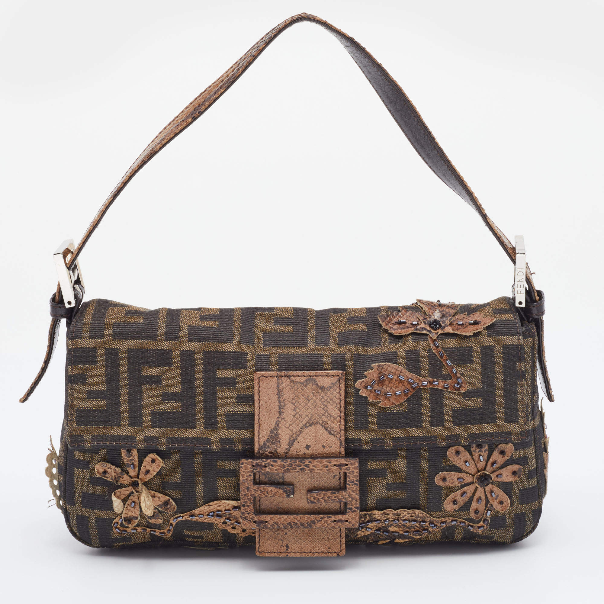 Pre Owned Fendi Tobacco Zucca Canvas And Karung Leather Embellished Baguette Bag