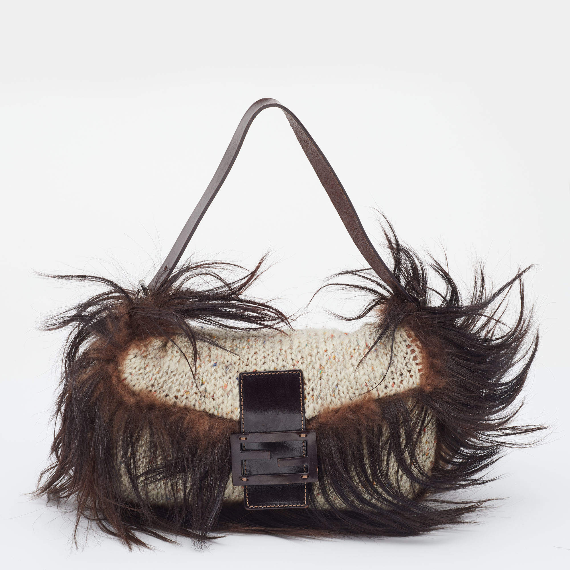 Fendi Beige/Brown Wool And Feather Mama Baguette 