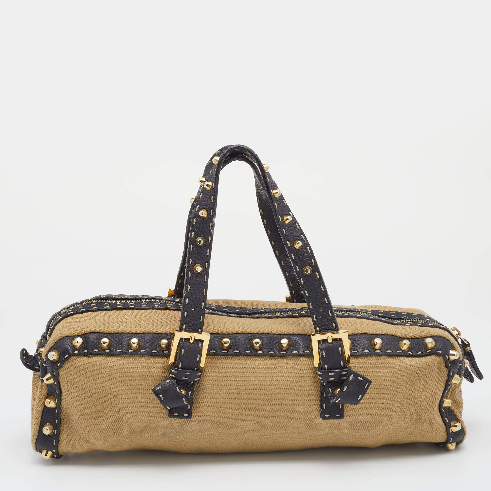 Fendi Beige/Black Canvas And Leather Duffel Bag