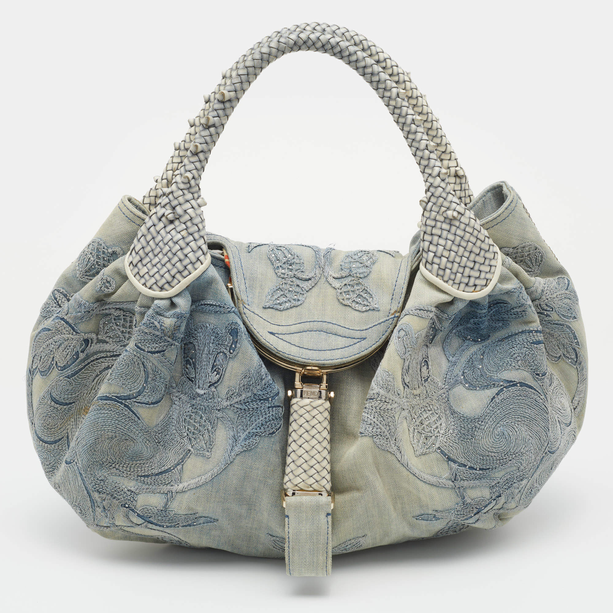 Pre Owned Fendi Light Blue Denim Embroidered Squirrel Spy Bag