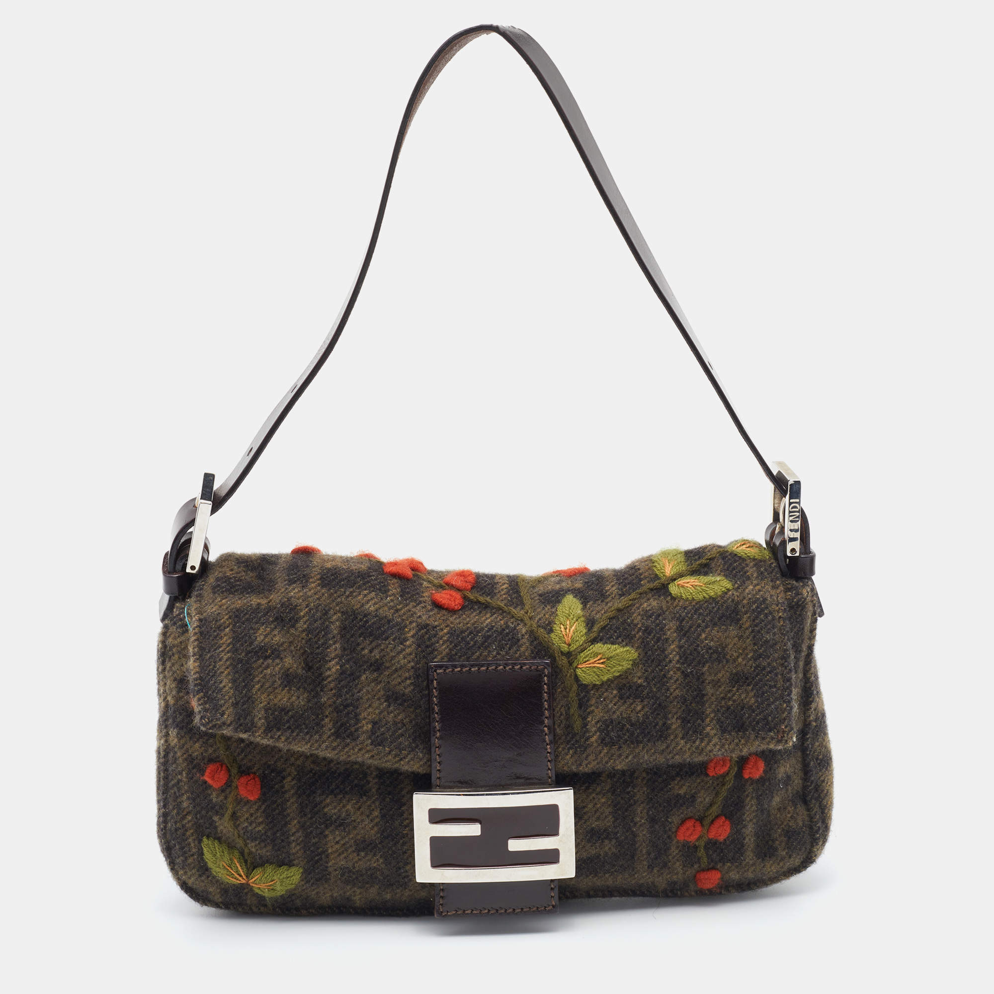 Fendi Black/Grey Zucca Wool And Leather Embroidered Baguette