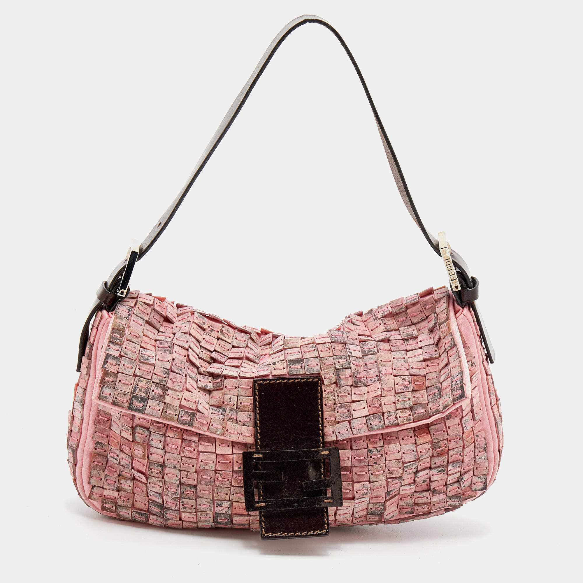 Fendi Pink Satin And Leather Beaded Baguette 