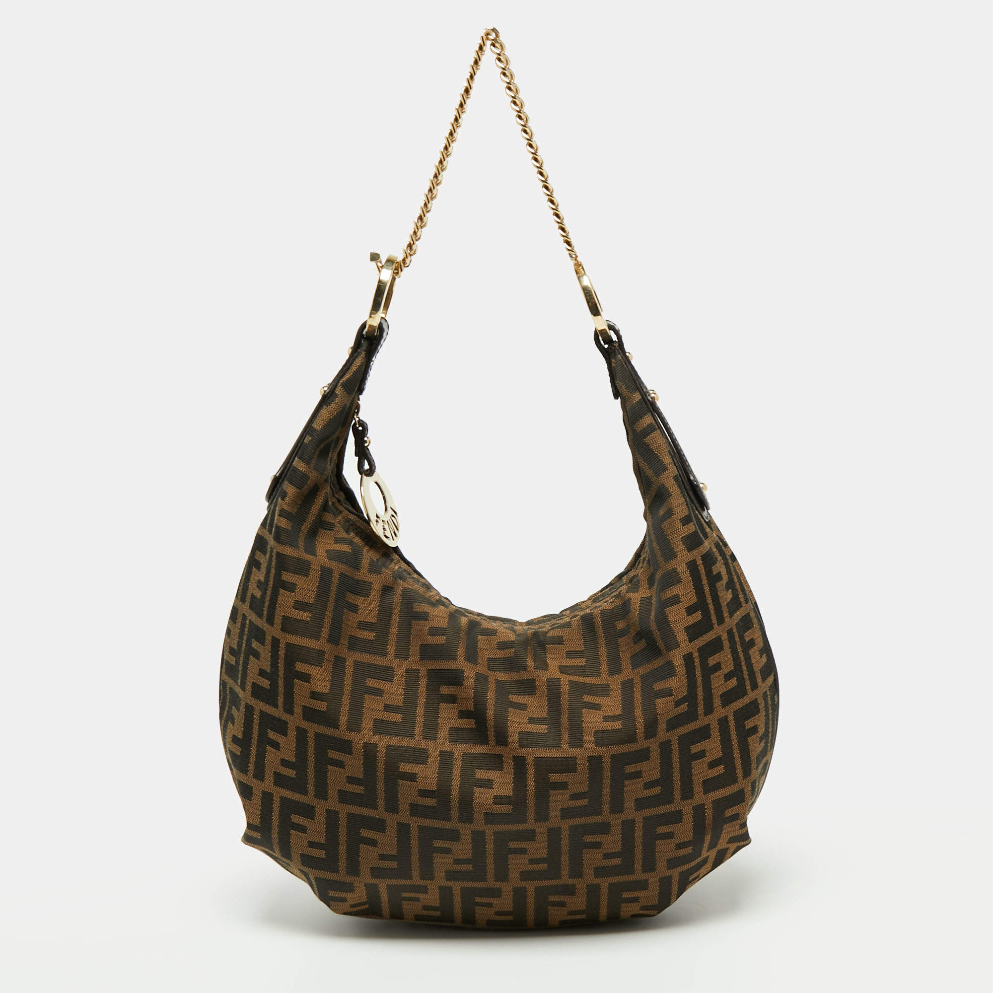 Pre Owned Fendi Tobacco Zucca Canvas and Leather Large Chef Chain Hobo