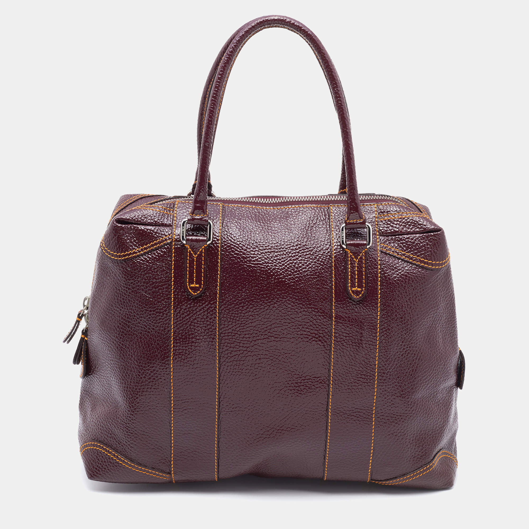 Pre Owned Fendi Burgundy Textured Patent Leather Patent B Mix Satchel