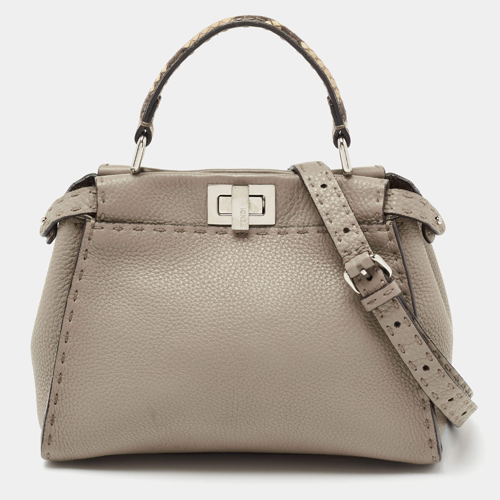 Pre Owned Fendi Beige Selleria Leather and Python Mini Peekaboo Top Handle Bag