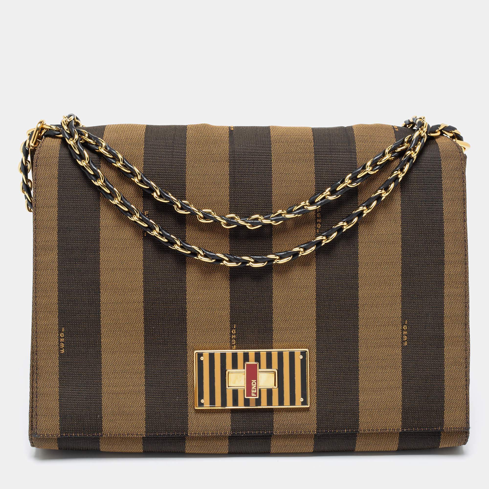 Fendi Tote Bag - Fendi Tobacco Pequin Stripe Canvas Large