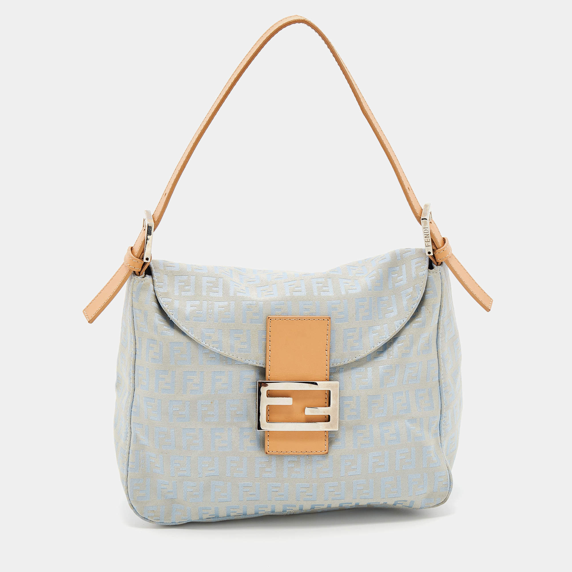 Fendi Blue/Beige Zucchino Canvas and Leather Mama Baguette Bag