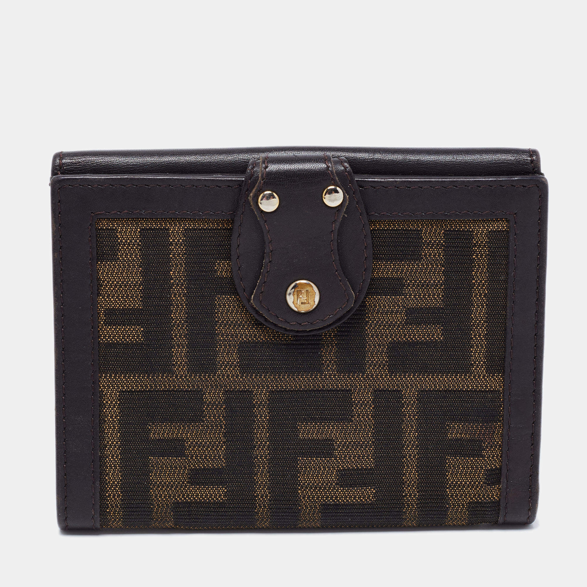 Pre Owned Fendi Tobacco Zucca Canvas and Leather French Compact Wallet