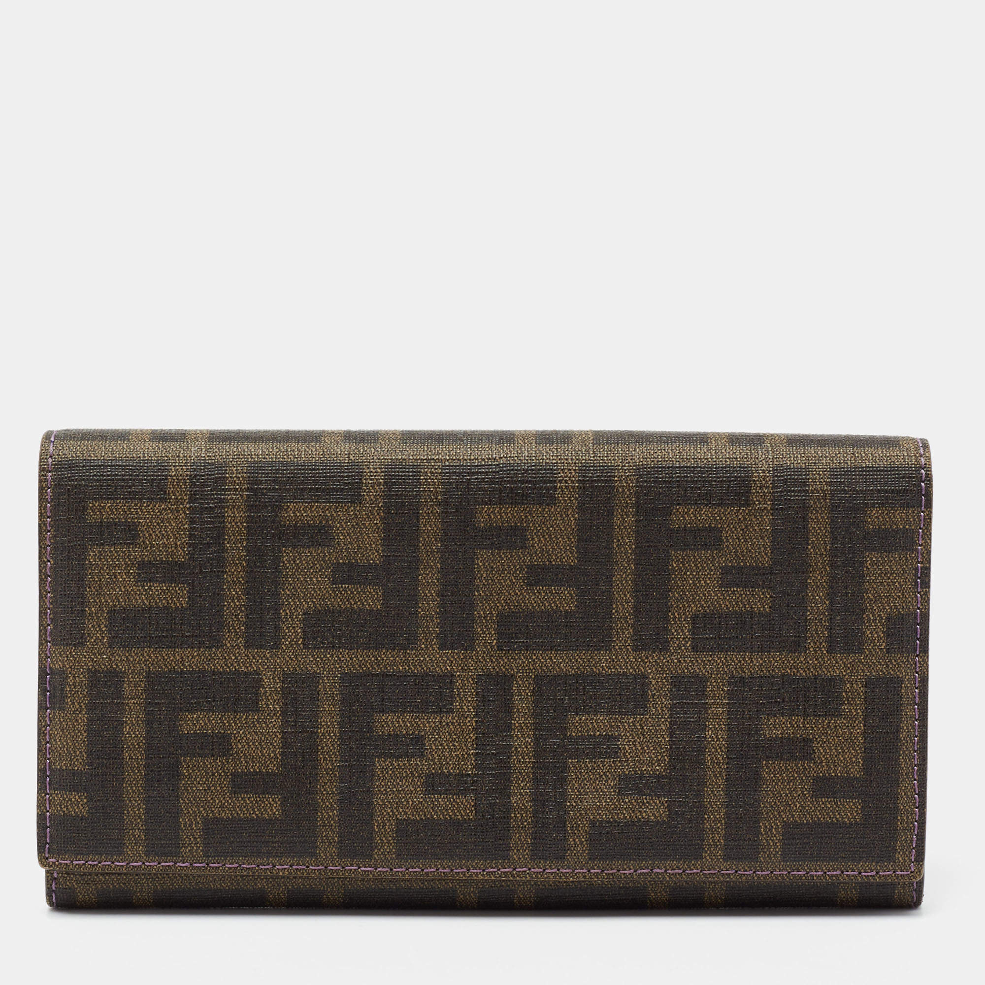 Pre Owned Fendi Tobacco Zucca Coated Canvas Flap Continental Wallet