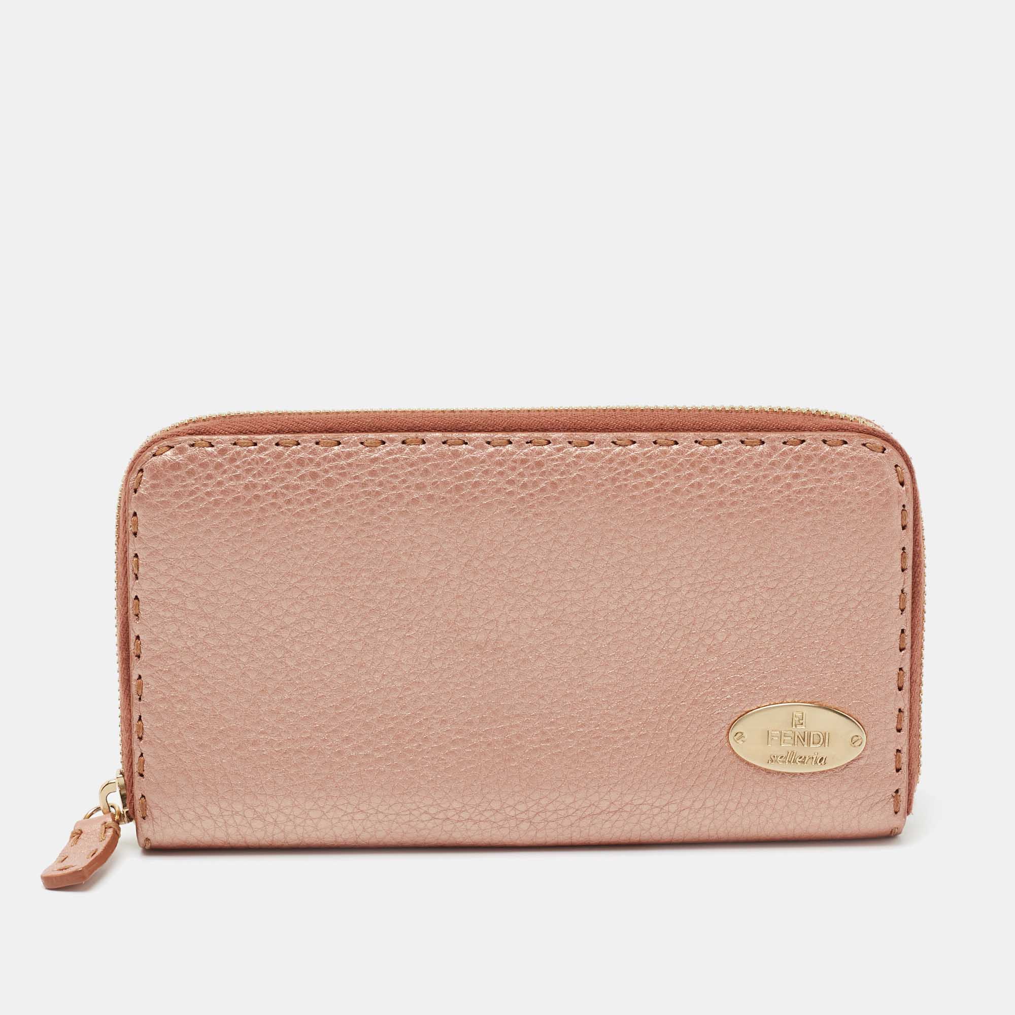 Pre Owned Fendi Metallic Rose Gold Leather Selleria Zip Around Wallet
