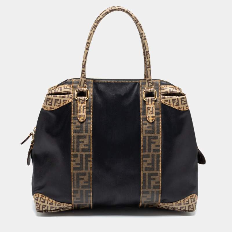 Pre Owned Fendi Tobacco/Black Zucca Coated Canvas and Leather Mixed Media Boston Bag