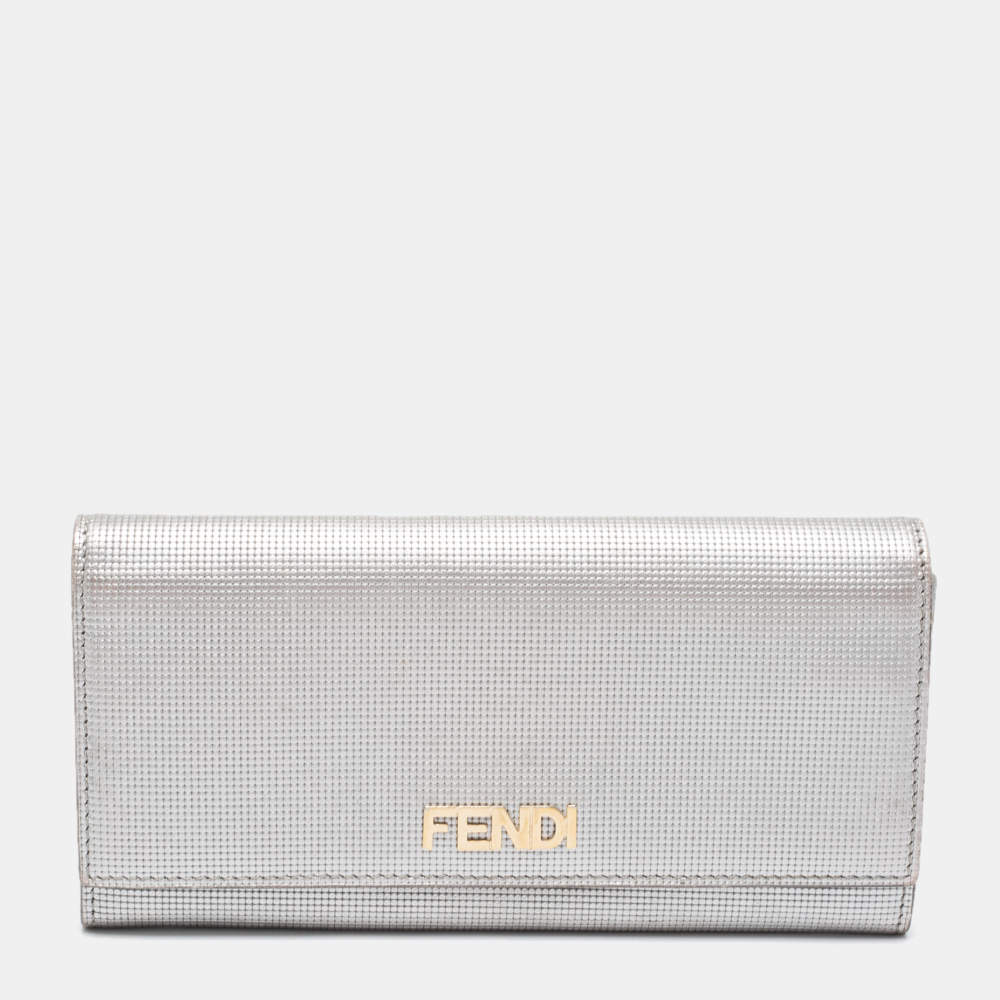Pre Owned Fendi Silver Leather Logo Flap Continental Wallet