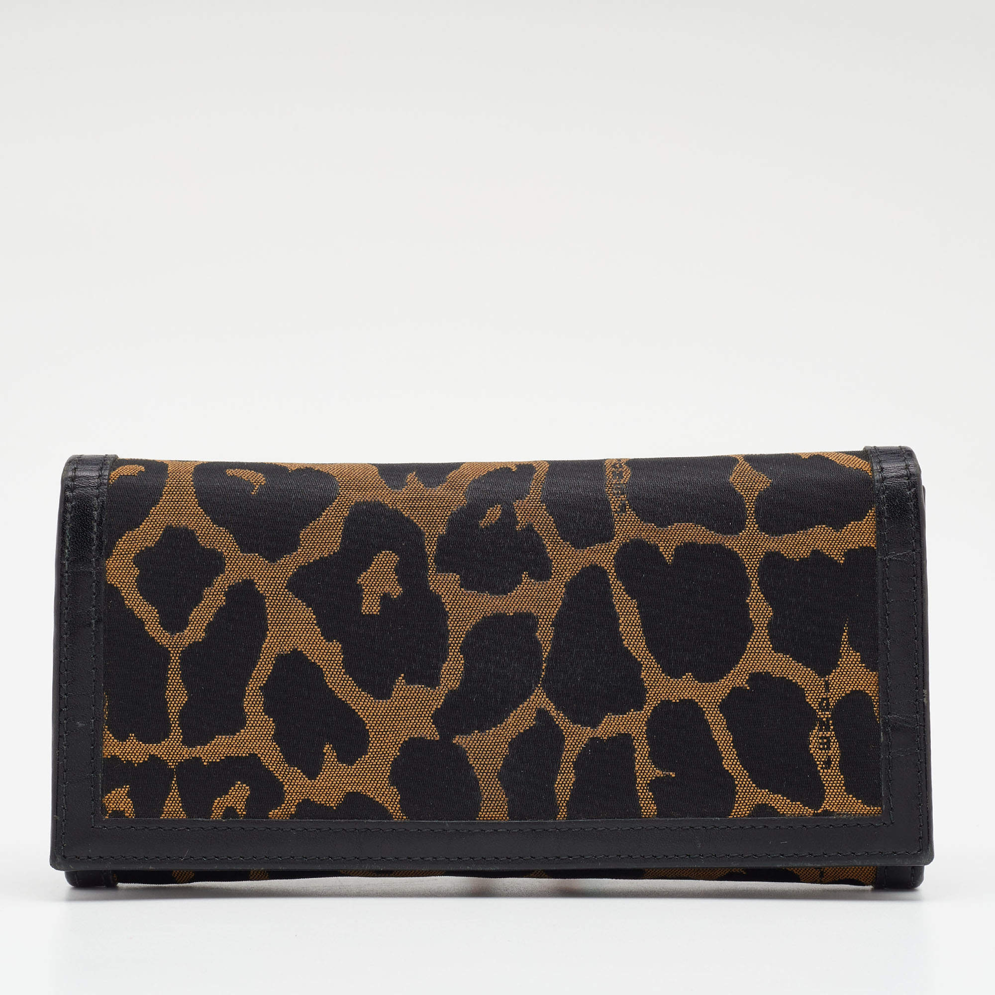 Pre Owned Fendi Brown/Black Leopard Print Canvas and Leather Continental Wallet
