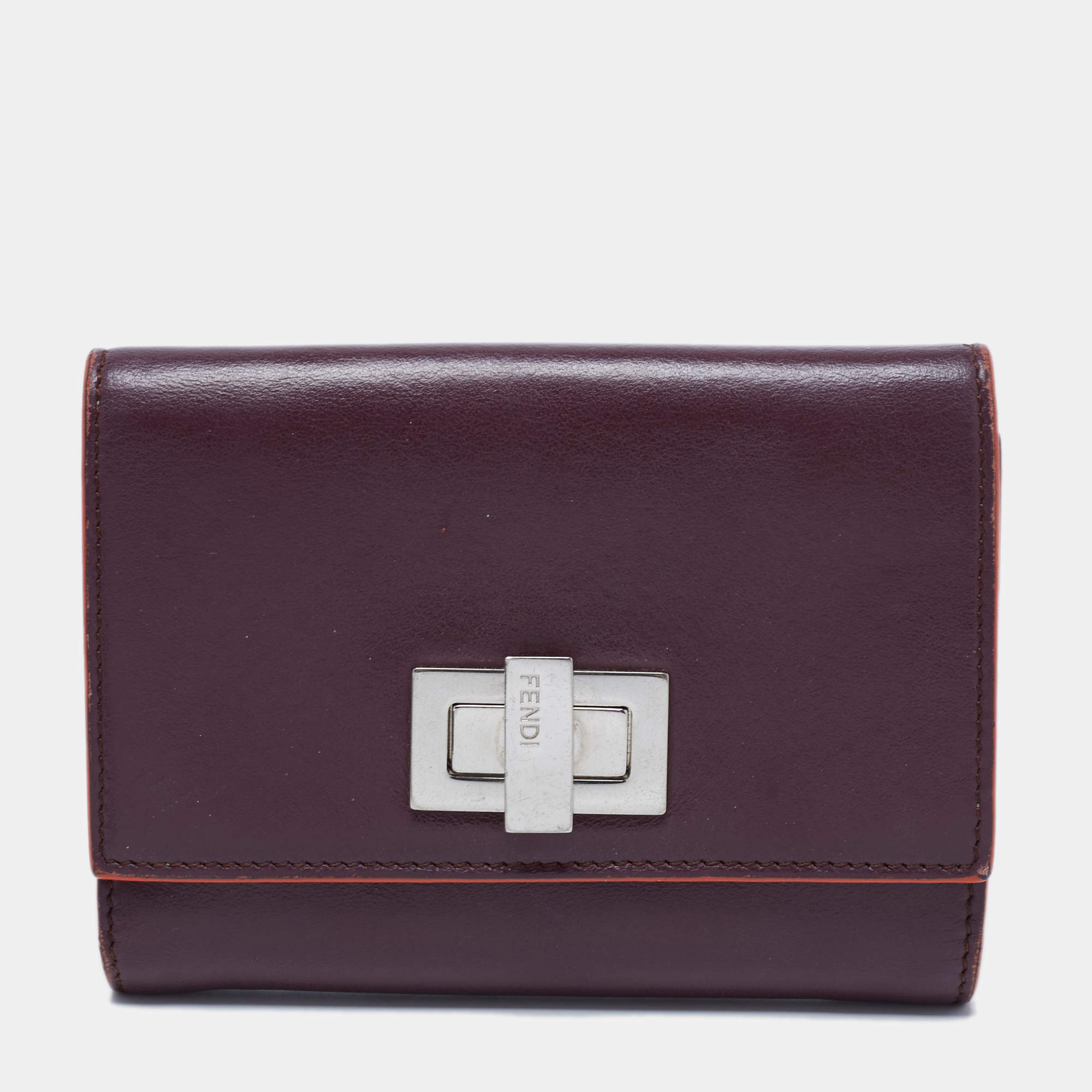 Pre Owned Fendi Burgundy Leather Peekaboo Compact Wallet