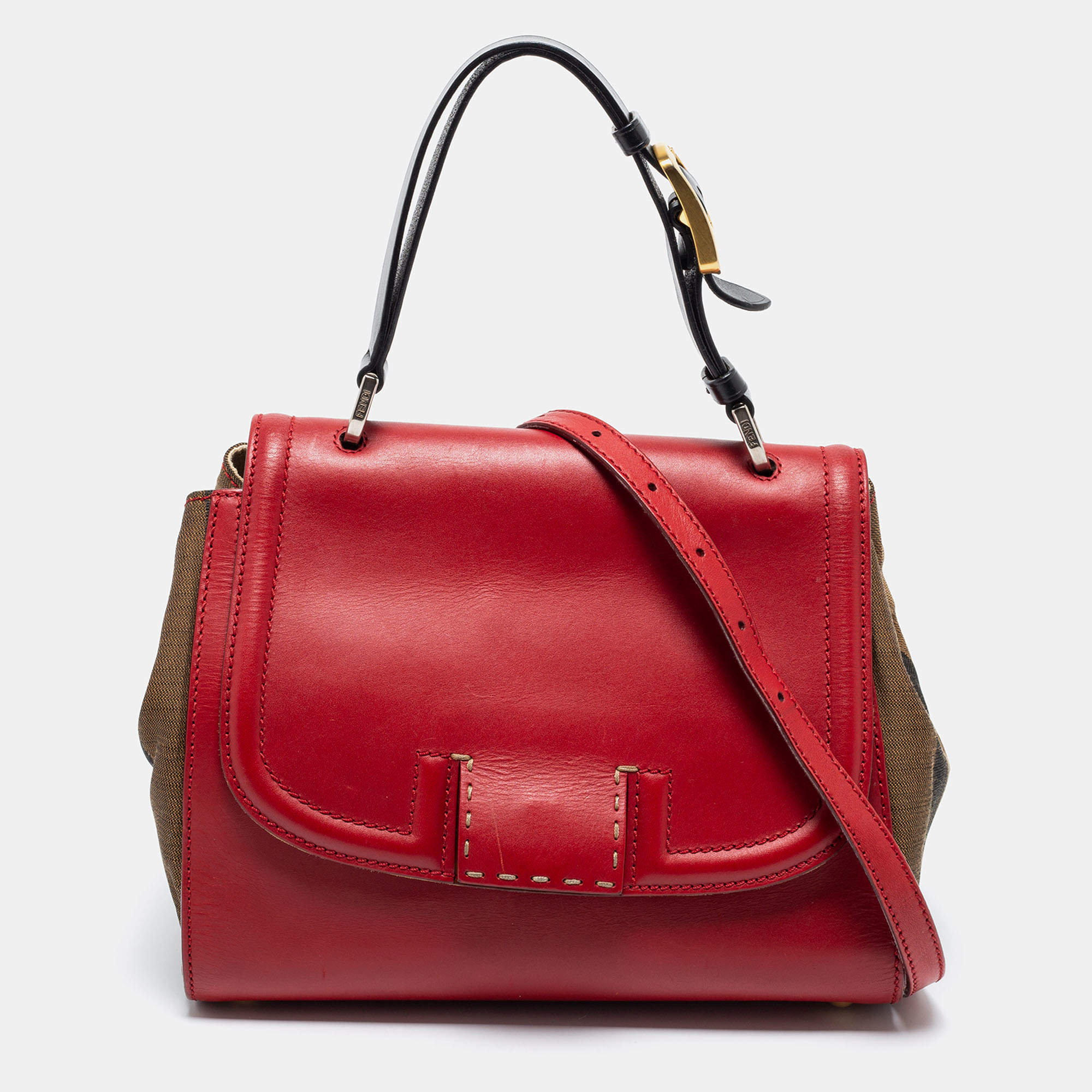 Fendi Red/Brown Leather and Pequin Stripe Canvas Silvana Top Handle Bag ...