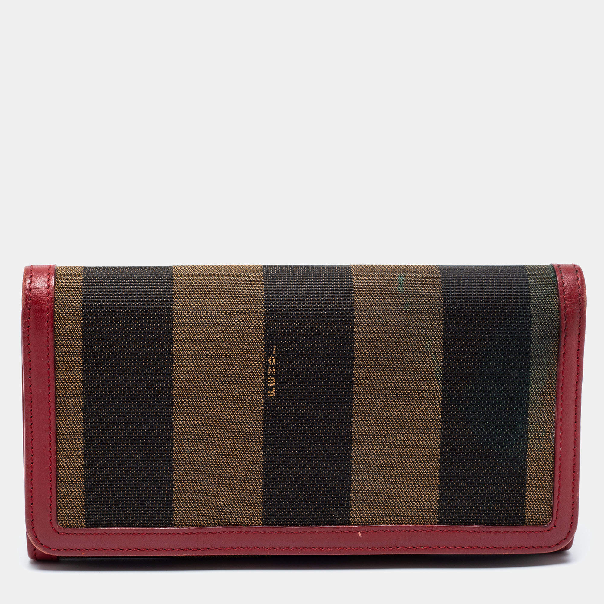 مملوكة مسبقًا Fendi Brown/Red Pequin Stripe Canvas And Leather Flap Continental Wallet