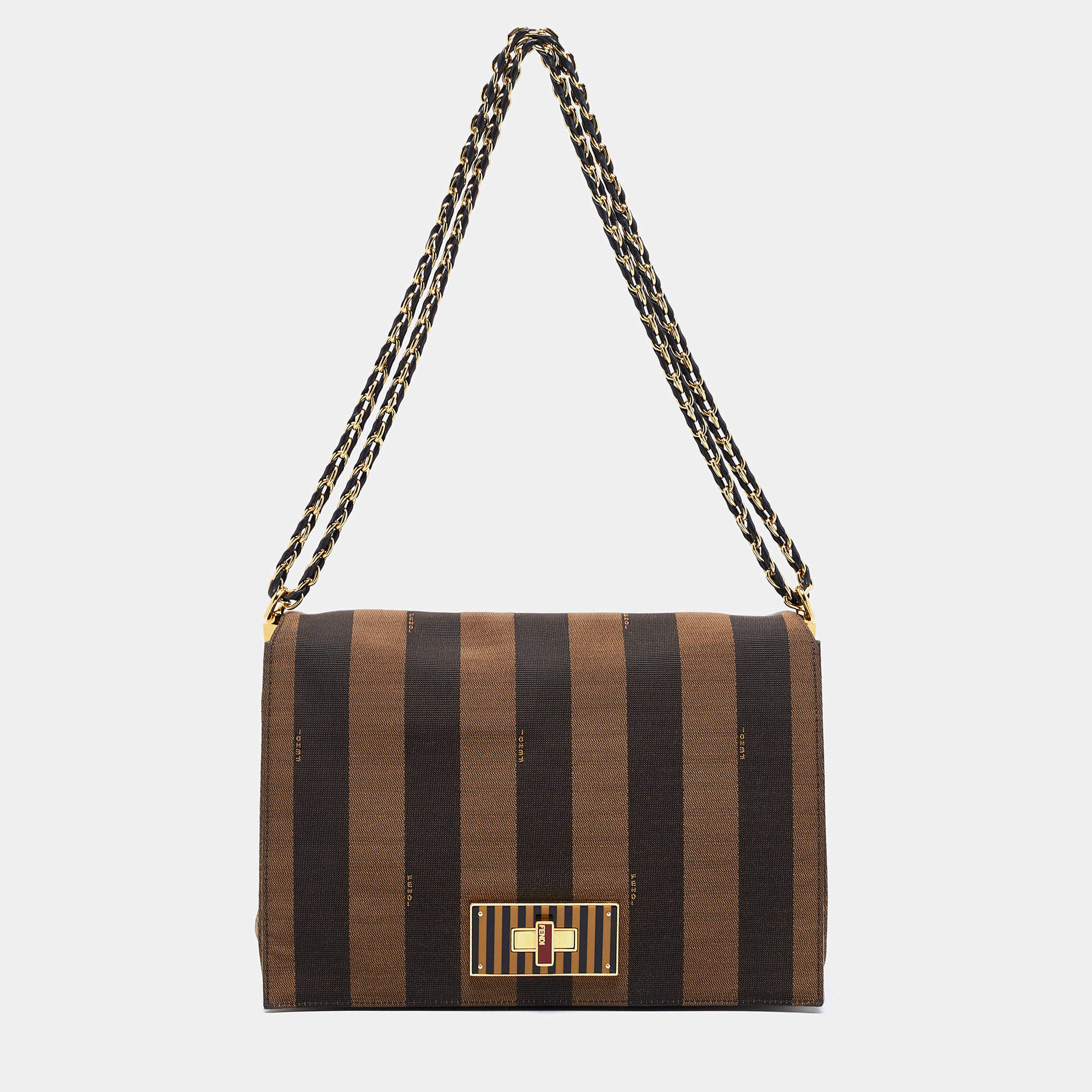 Pre Owned Fendi Tobacco Pequin Canvas Large Claudia Shoulder Bag