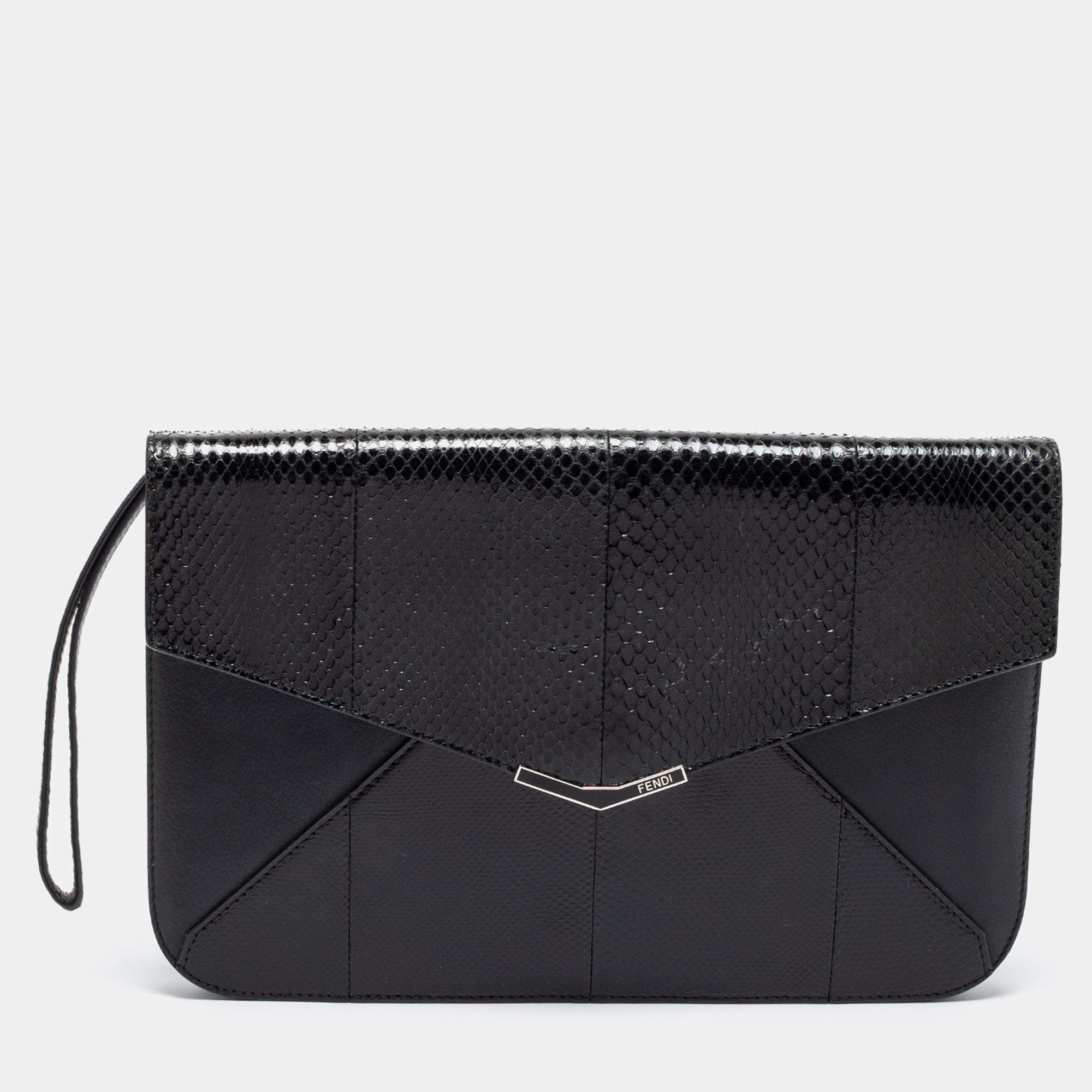Pre Owned Fendi Black Karung And Water Snake 2Jours Wristlet Clutch