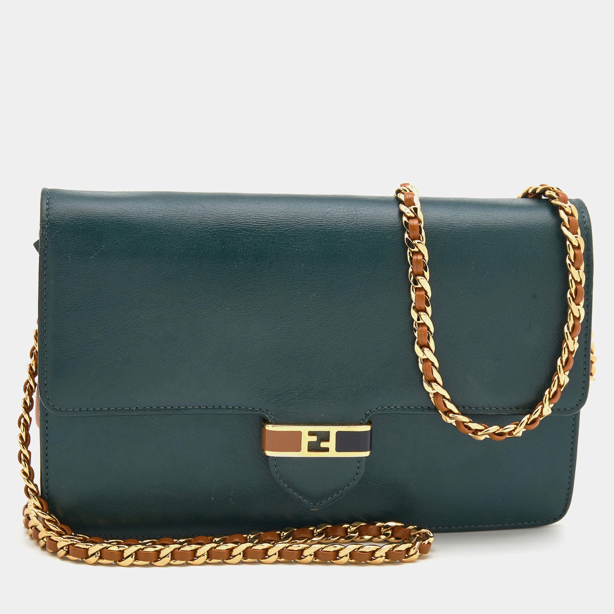 مملوكة مسبقًا Fendi Dark Green/Tan Leather FF Flap Wallet On Chain