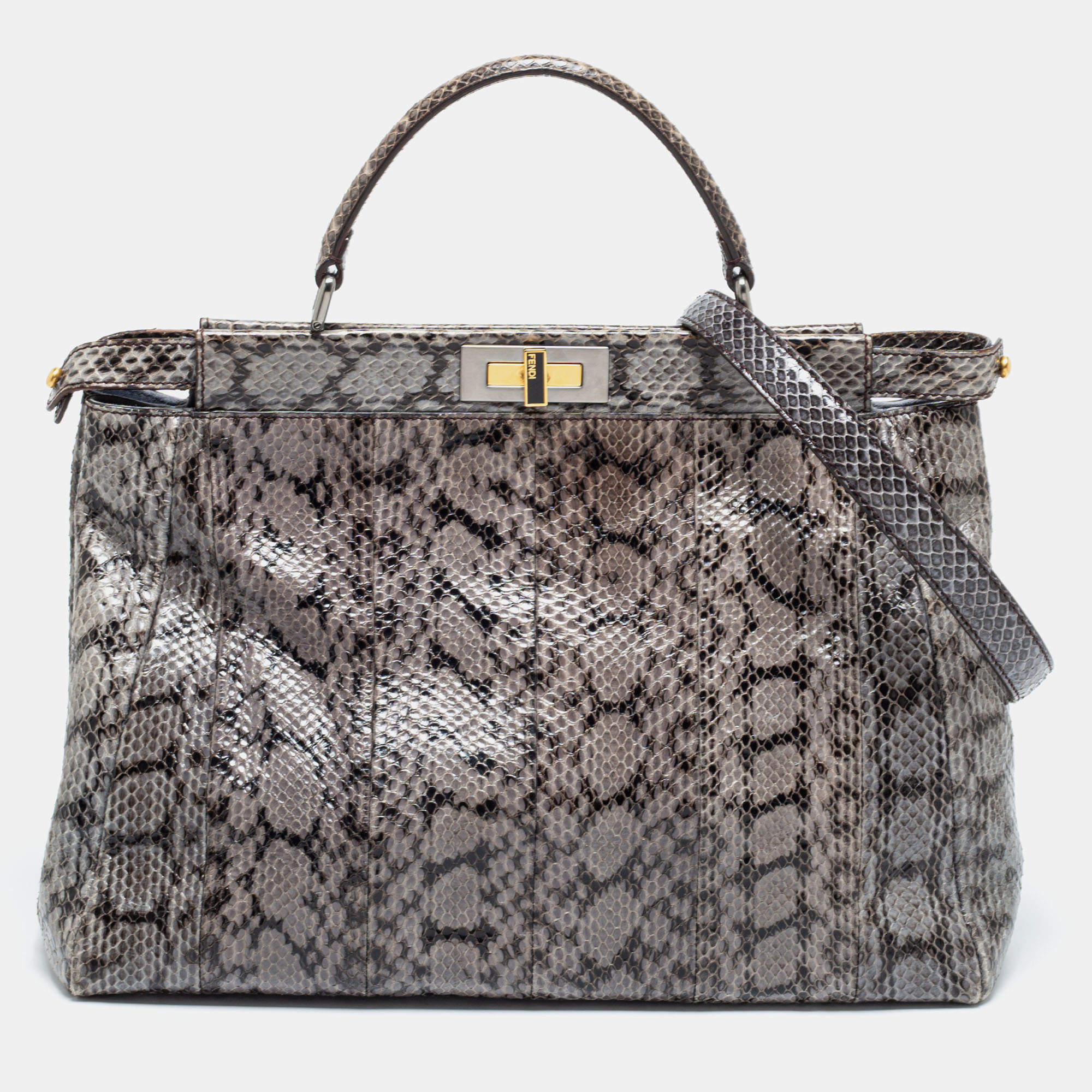 Pre Owned حقيبة بيد علوية فندي بيكابوو جلد ثعبان رصاصي/أسود كبيرة
