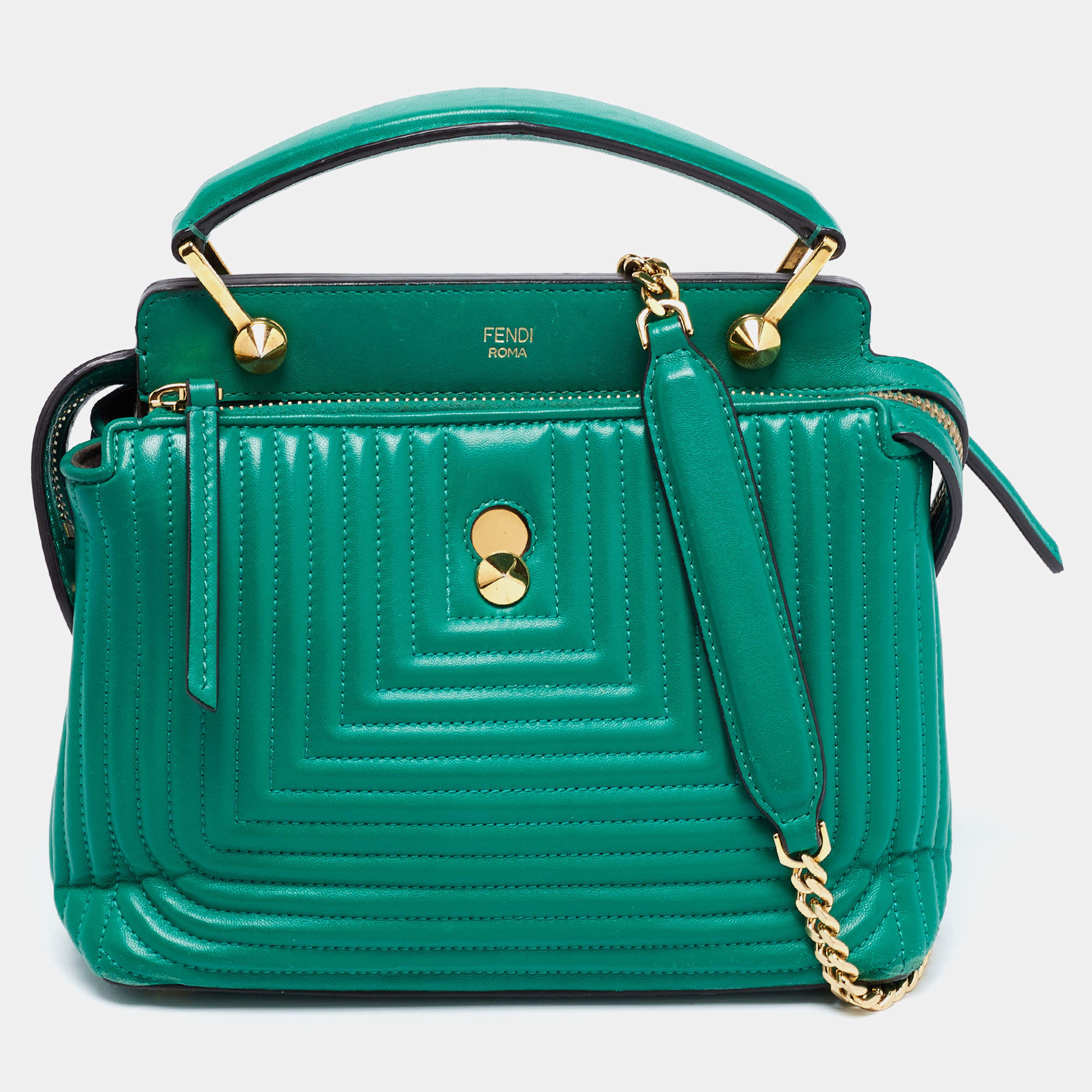 Pre Owned Fendi Green Quilted Leather Medium Dotcom Shoulder Bag
