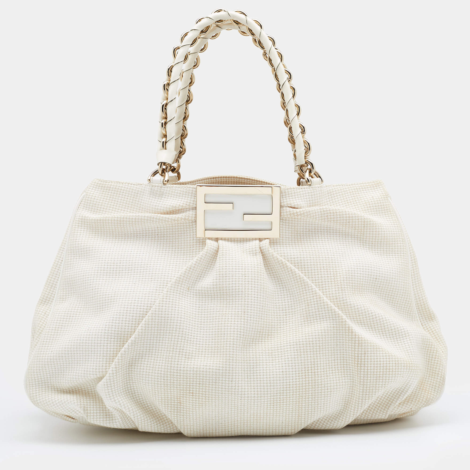Pre Owned Fendi White Canvas/Straw and Patent Leather Large Mia Shoulder Bag