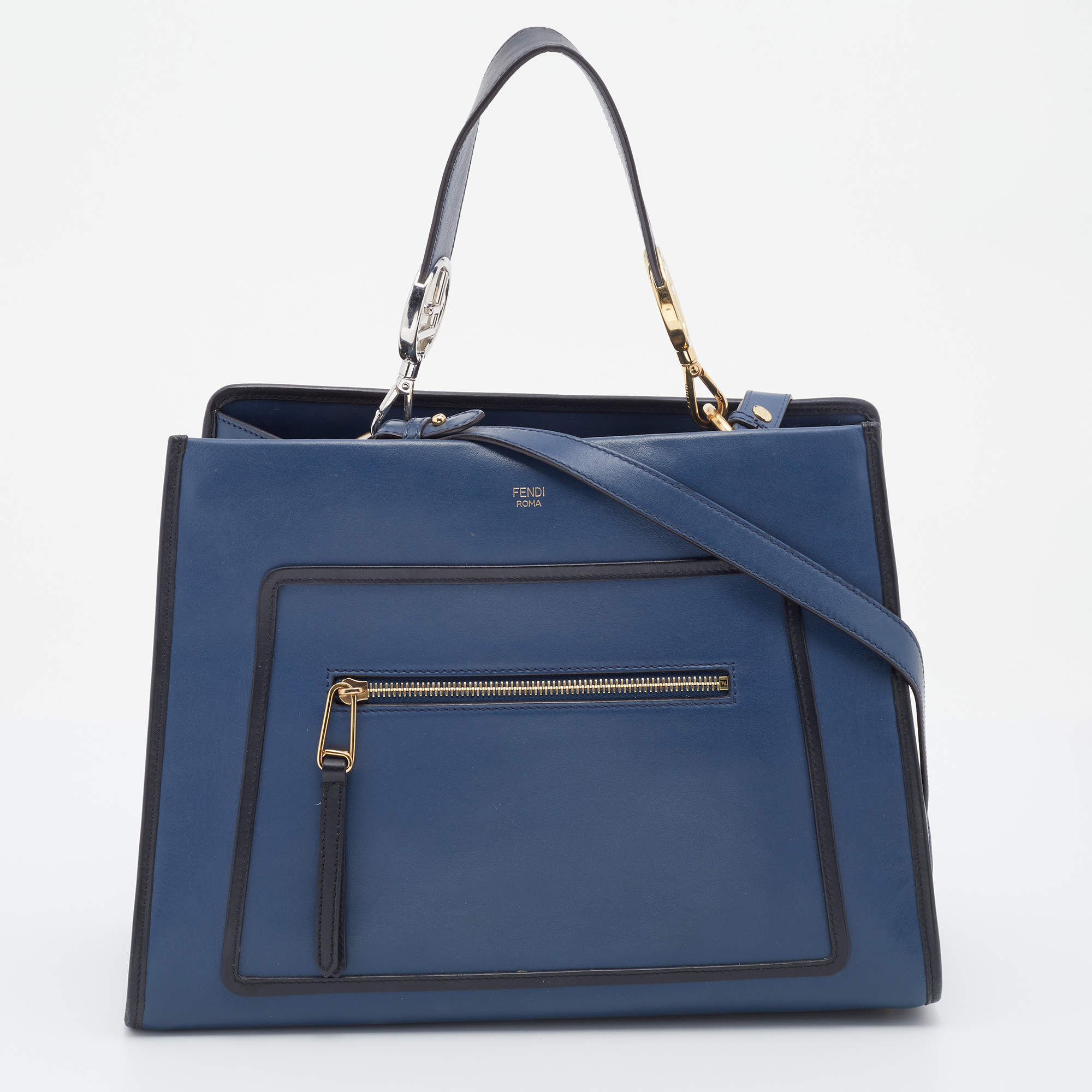 Pre Owned Fendi Blue/Black Leather Runaway Top Handle Bag