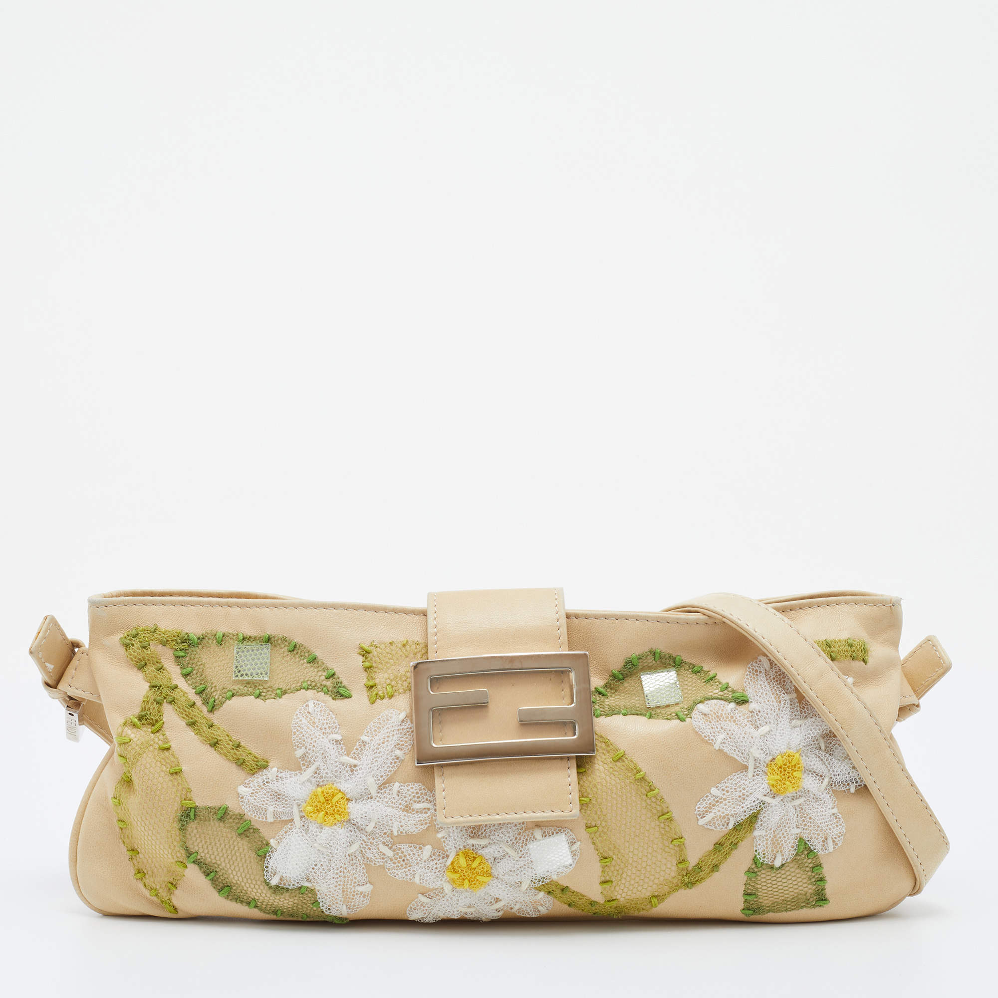 Pre Owned Fendi Light Beige Leather and Lace Embroidered Shoulder Bag