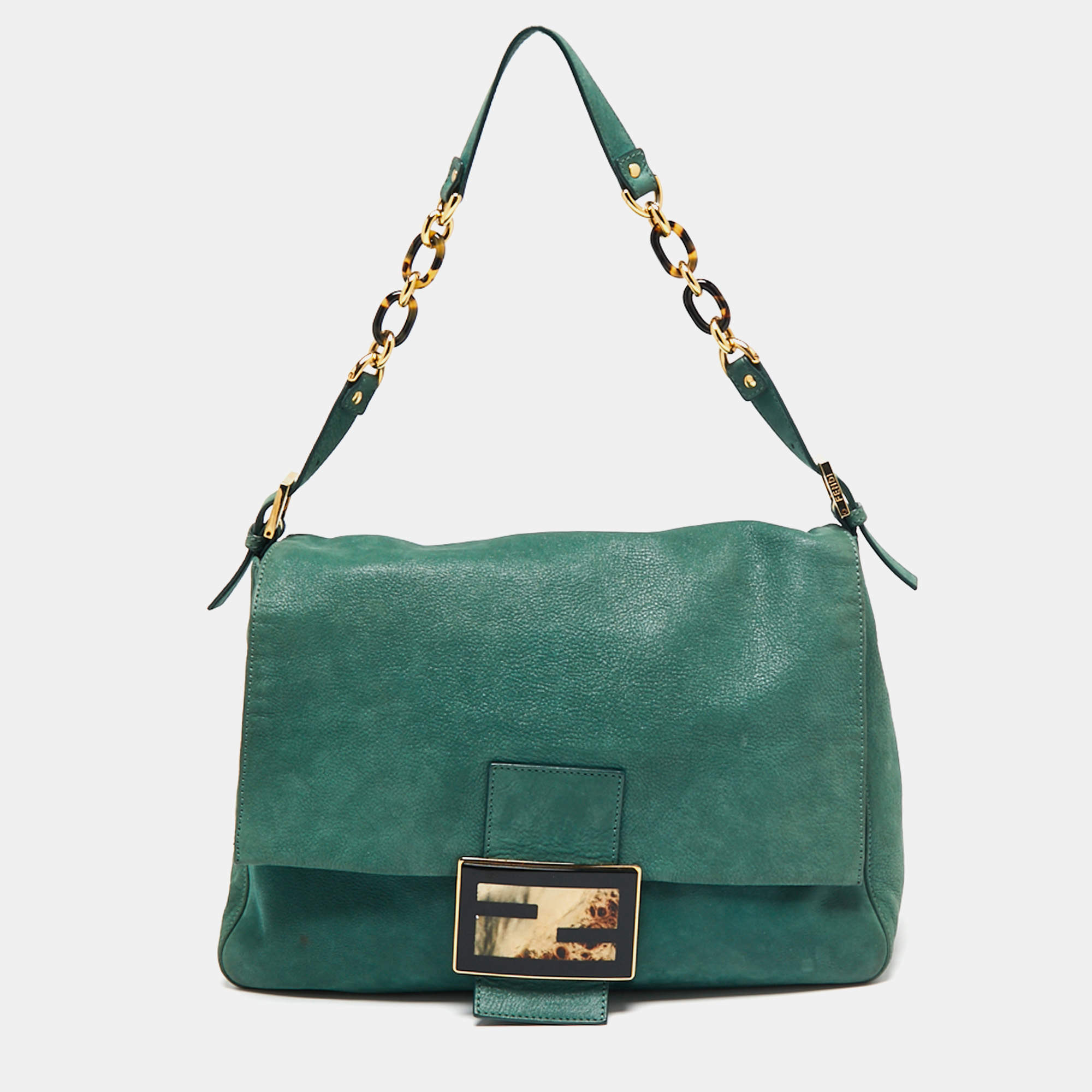 Pre Owned Fendi Metallic Green Nubuck Leather Mama Baguette Shoulder Bag