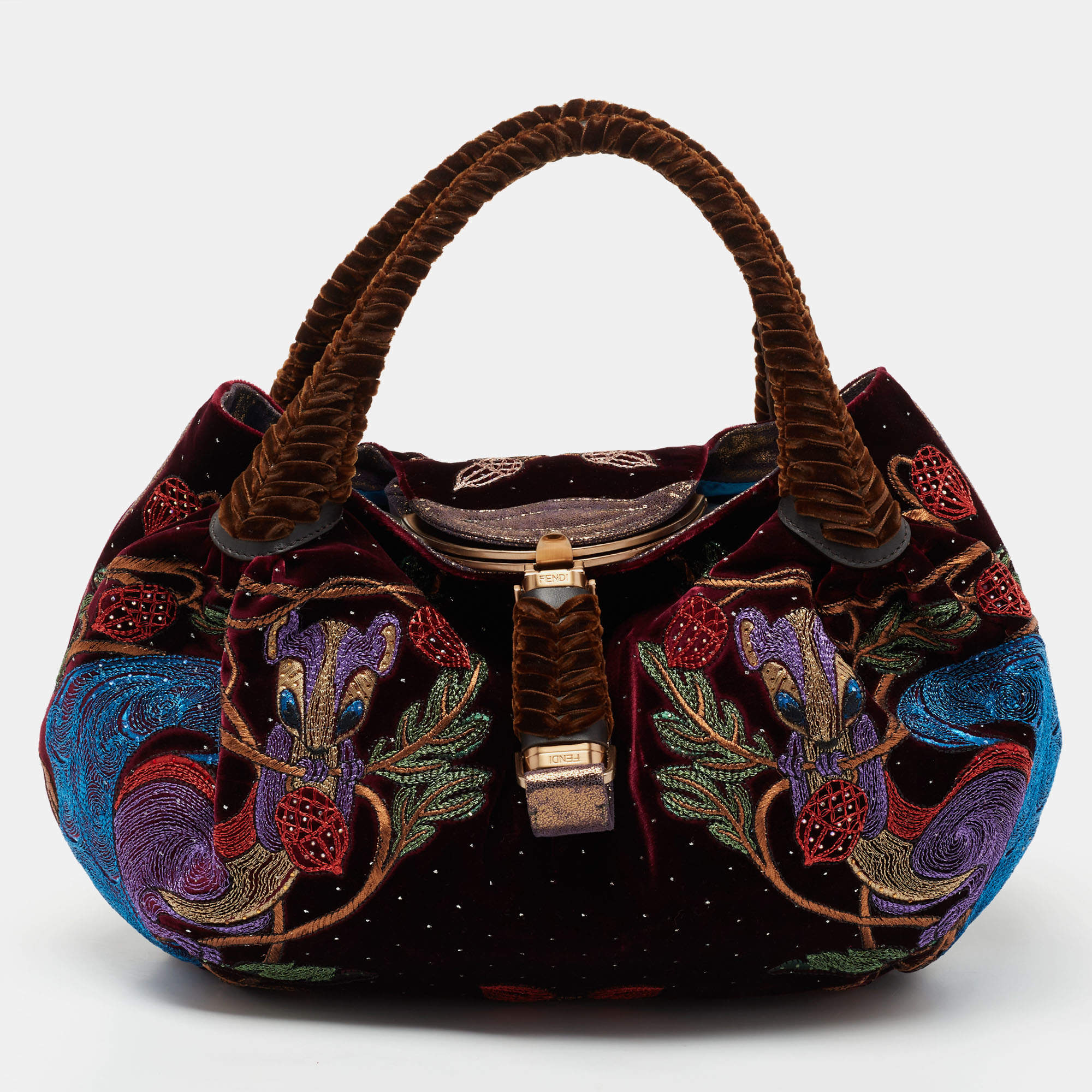 Pre Owned Fendi Multicolor Embroidered Velvet And Foil Leather Spy Bag