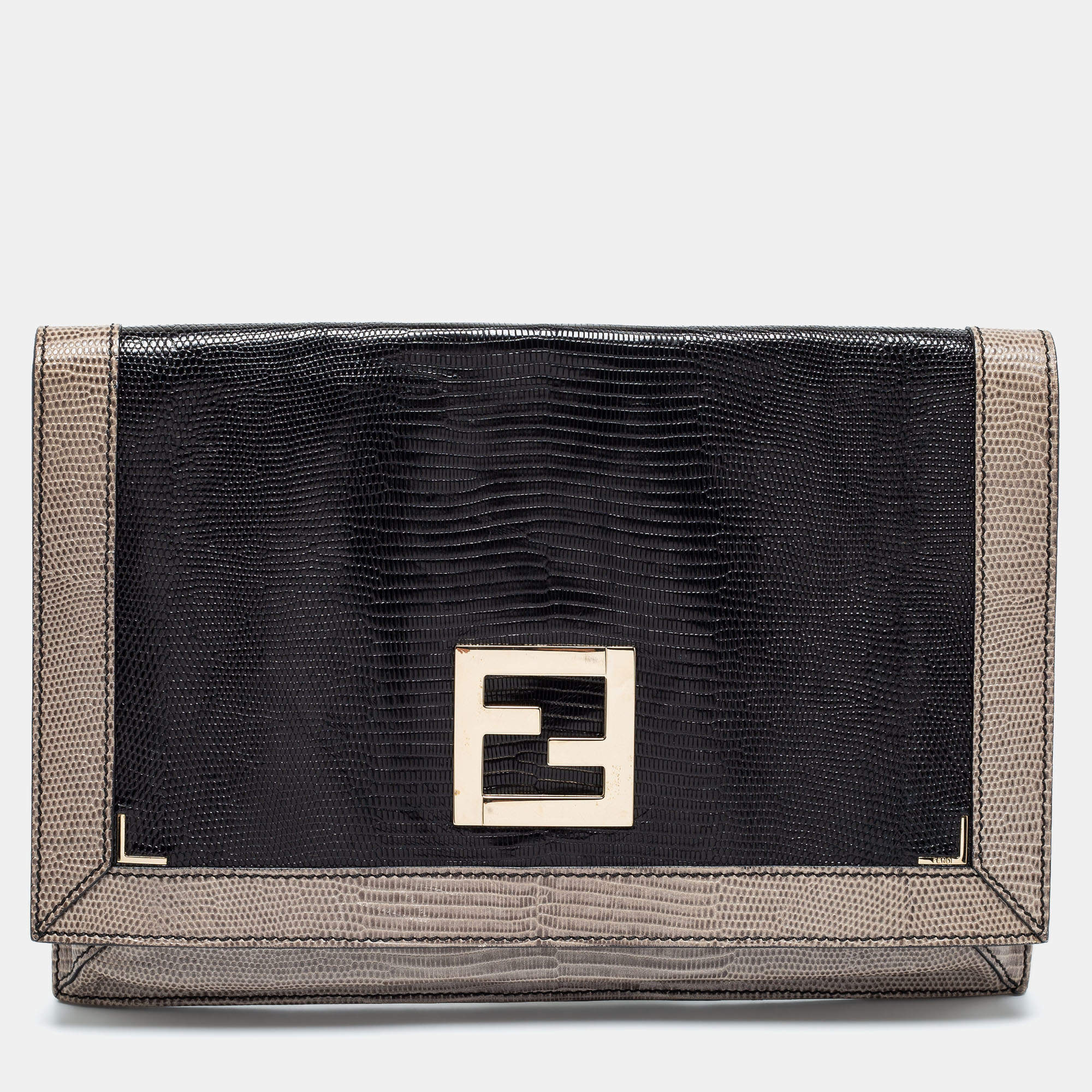 Pre Owned Fendi Black/Grey Lizard Embossed Leather Flap Clutch