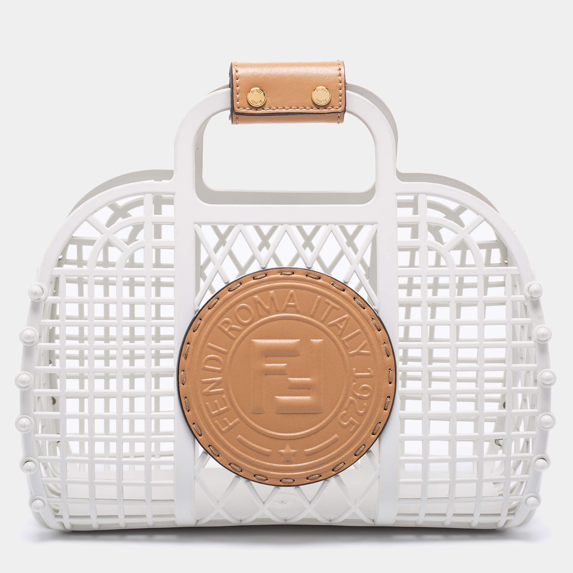 Pre Owned Fendi White/Light Brown Plastic and Leather Small Basket Tote