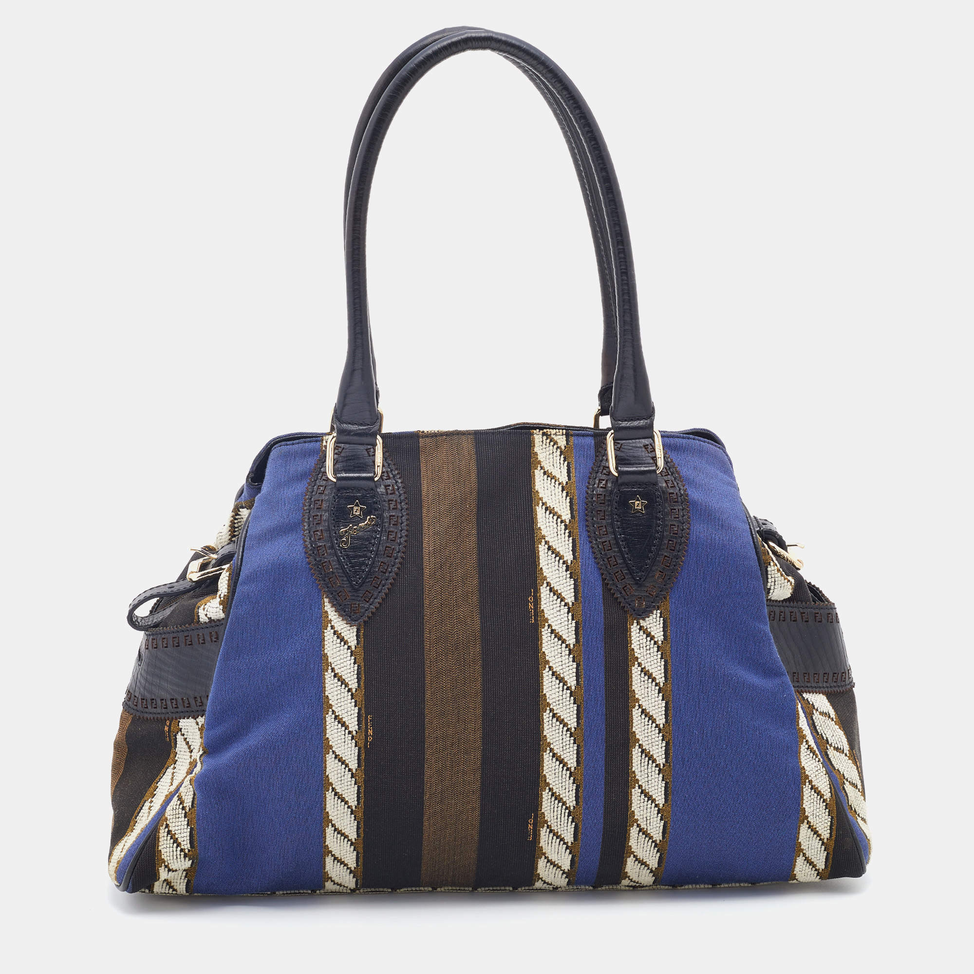 Pre Owned Fendi Multicolor Pequin Canvas and Leather Medium Chef De Jour Tote