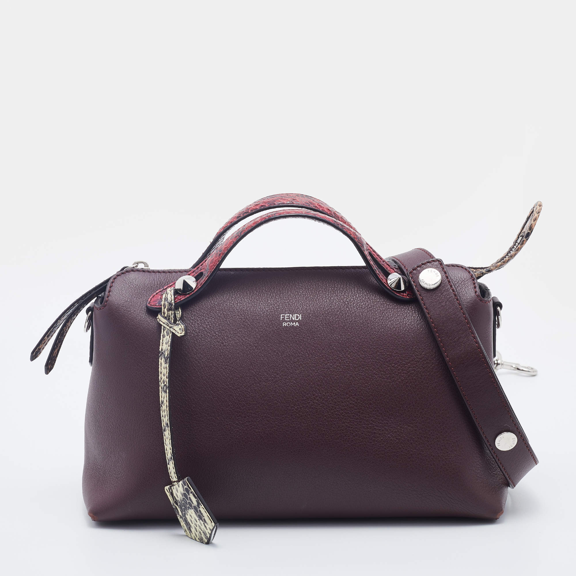 Pre Owned Fendi Burgundy/Beige Snakeskin And Leather By The Way Shoulder Bag