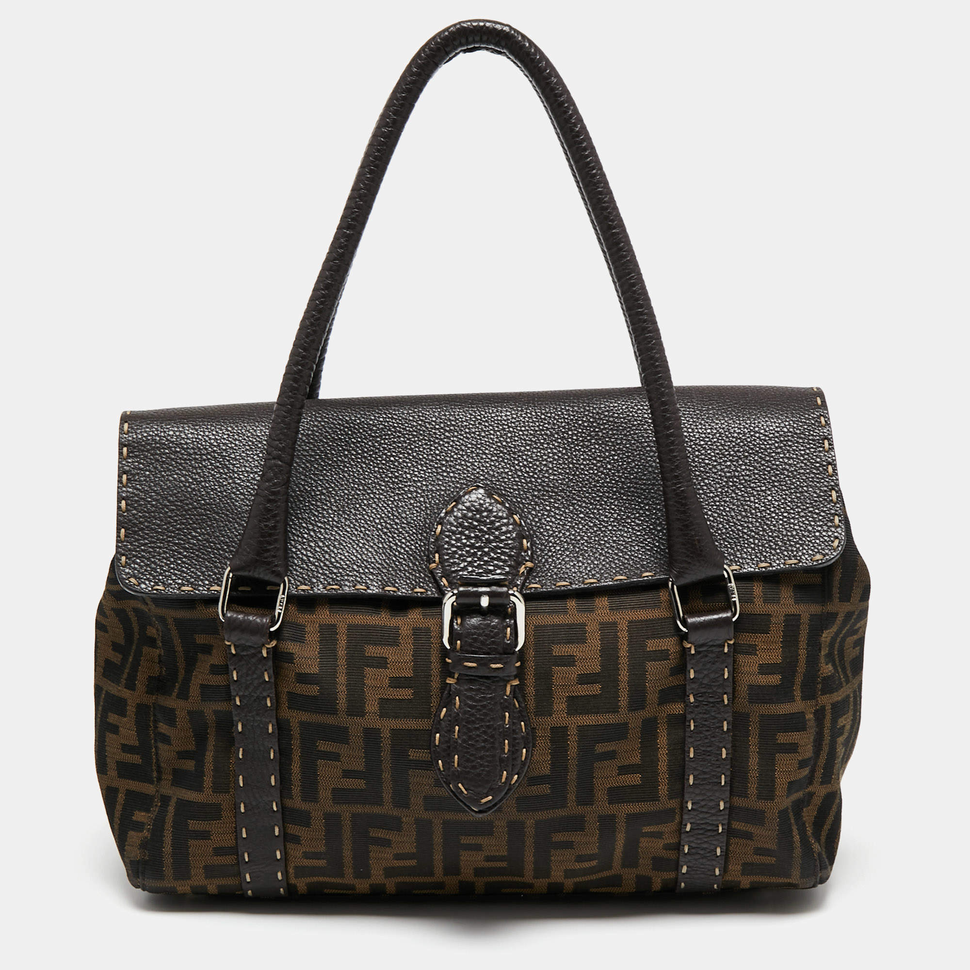 Pre Owned Fendi Tobacco Zucca Canvas And Leather Medium Linda Satchel
