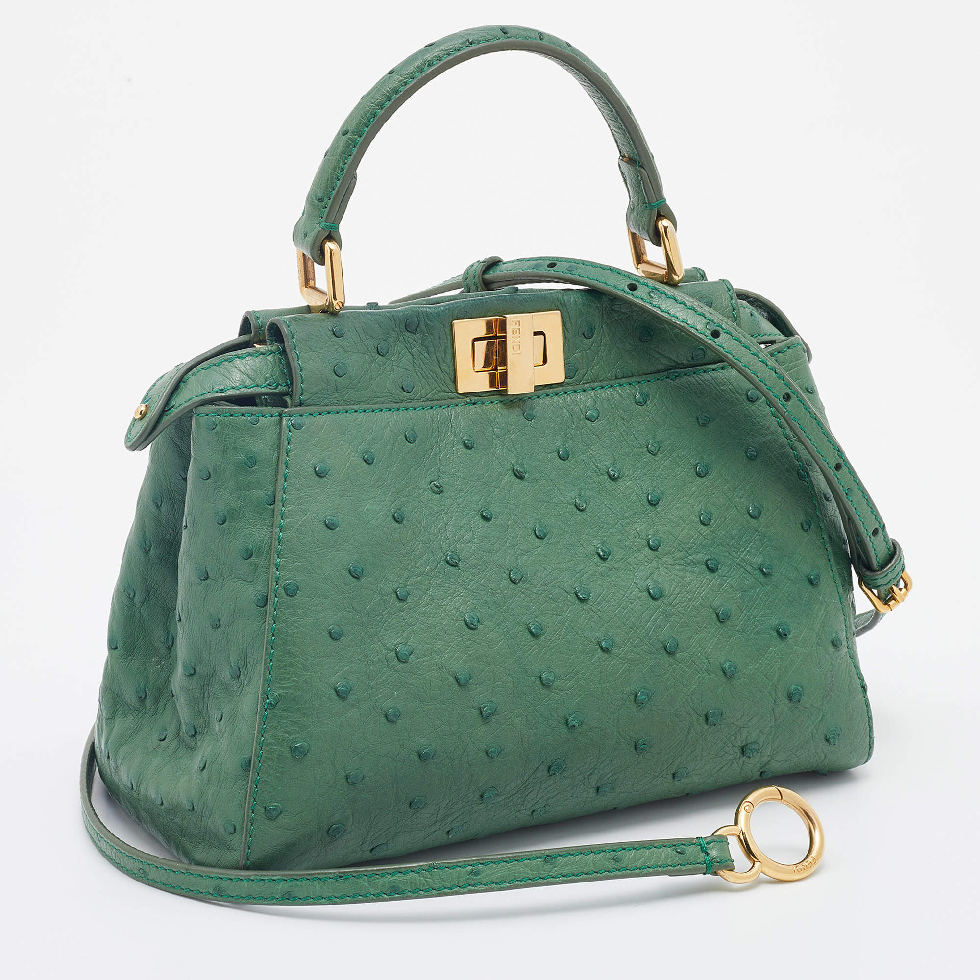 Fendi Green Ostrich Leather Mini Peekaboo Top Handle Bag